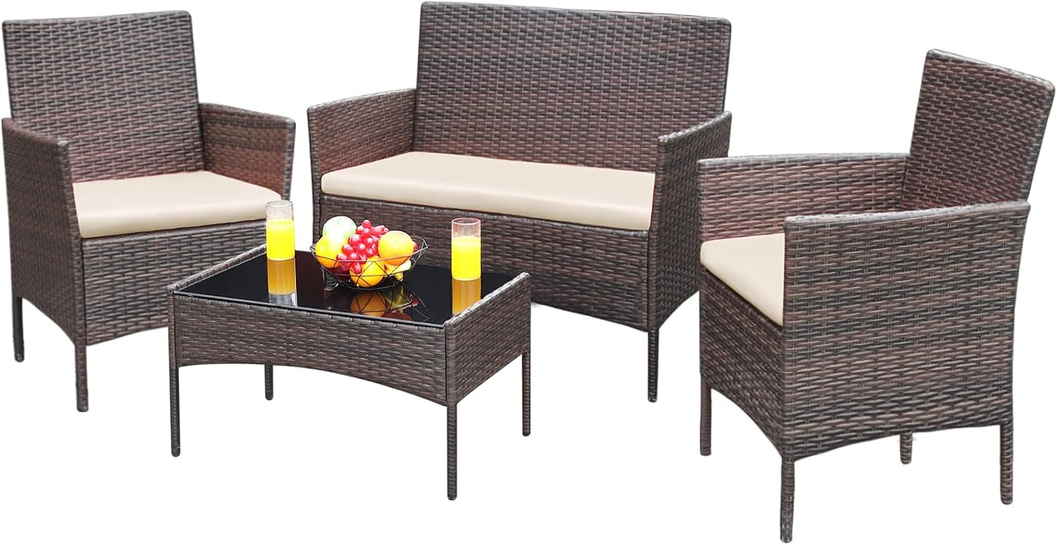 Greesum Patio Furniture 4 Pieces Conversation Sets Outdoor Wicker Rattan Chairs Garden Backyard Balcony Porch Poolside loveseat with Soft Cushion and Glass Table, Brown and Beige | Outdoor Wicker Rattan Chairs Garden Backyard Balcony Porch Poolside loveseat with Soft Cushion and Glass Table