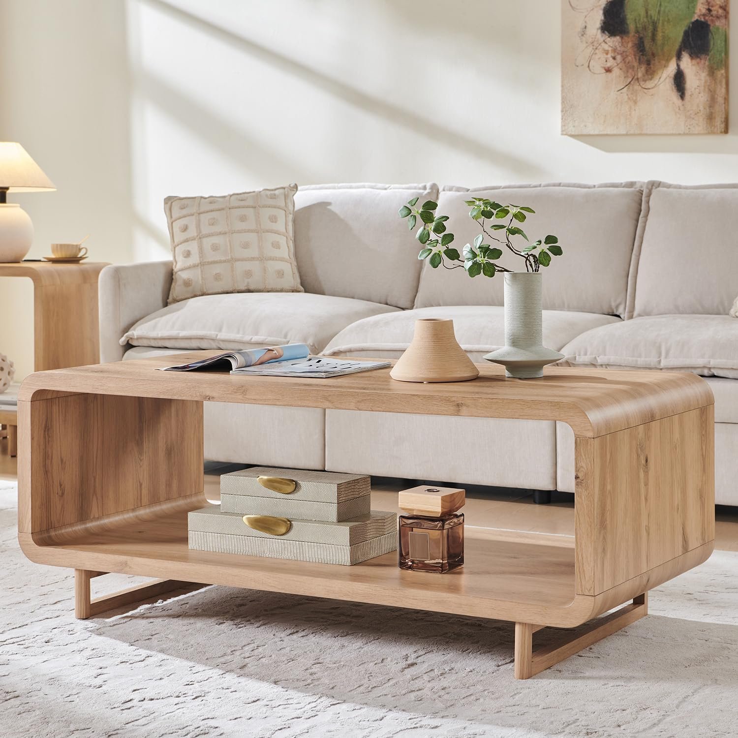 IFGET 48″ Modern Coffee Table, 2-Tier Minimalist Center Table with Storage Shelf, Curved Profile Design, Wooden Rectangular Living Room Table w/Wood Thick Design for Living Room, Office, Natural Oak