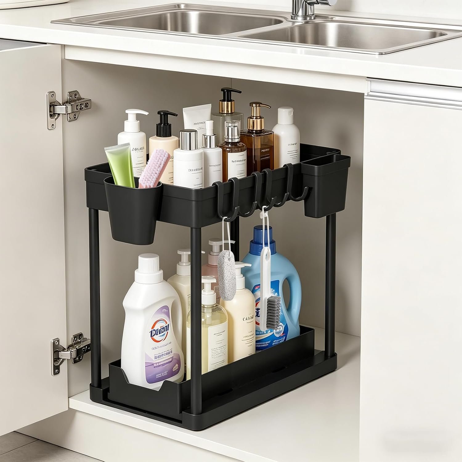 Under The Sink Organizer 1 Pack, 2 Tier Sliding Under Cabinet Organizer | Pull Out Under Sink Storage Multi-Use Undersink Organizers for Countertop, Bathroom, Pantry and Office Organization