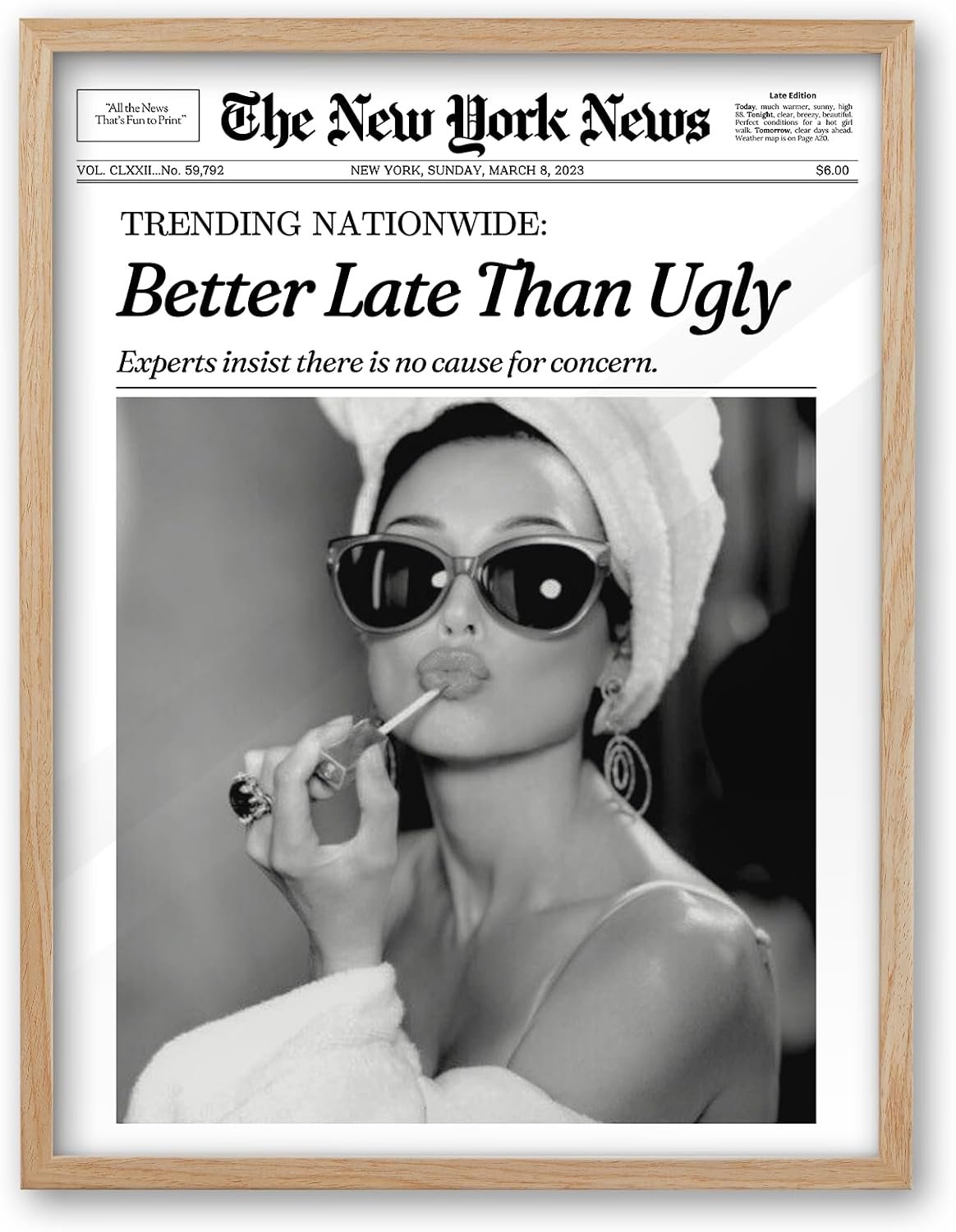 iHery 12x16in Audrey Hepburn Better Late Than Ugly Framed Bathroom Art | Natural OAK Wood Frame with Canvas Print, Vintage Fashion Wall Decor for Bathroom, Bedroom, Apartment and Girl Dorm, 1Pack
