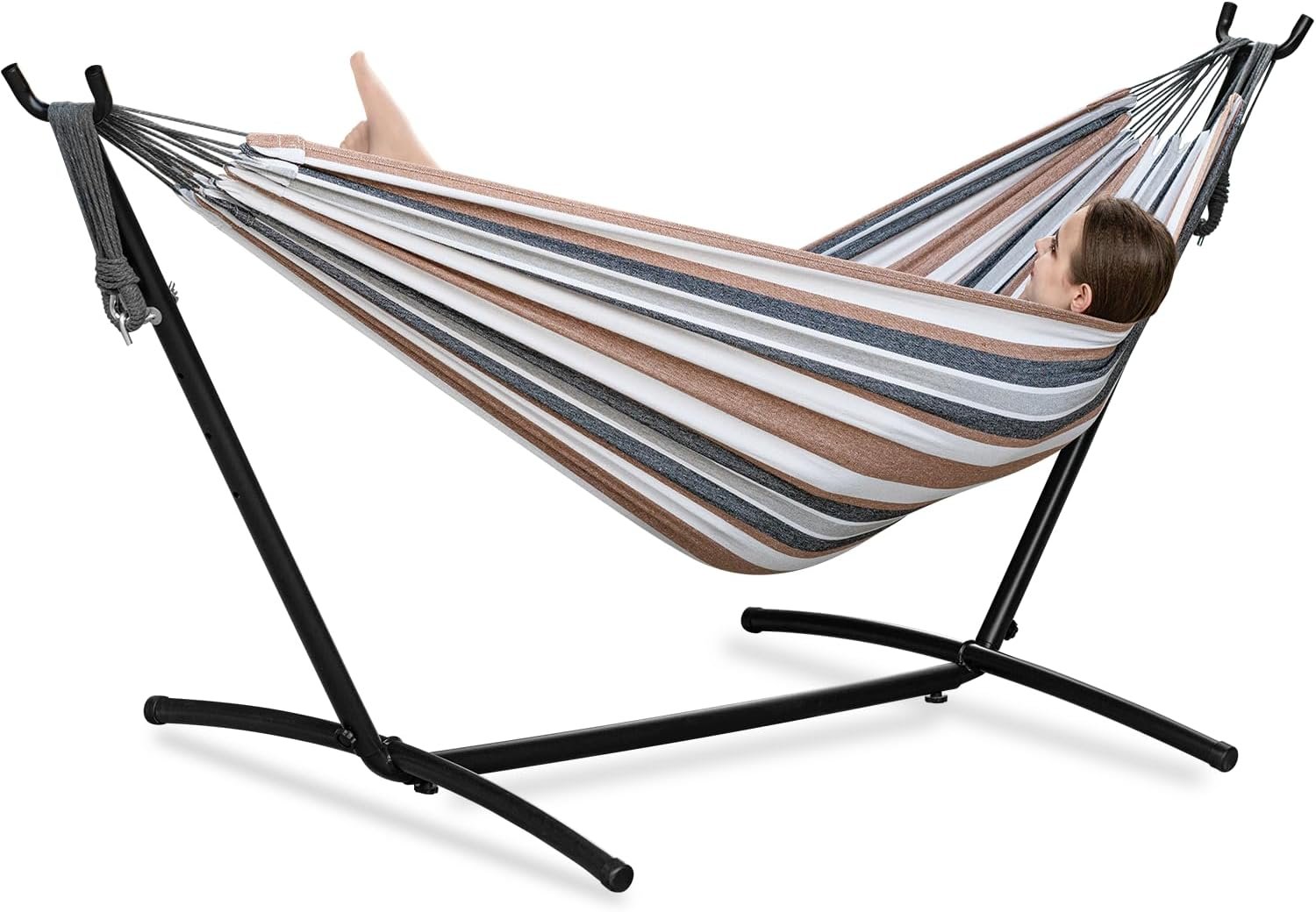 Double Hammock with Stand for Outside, Heavy-Duty, Portable (Coffee) | 450 lbs, 9FT, Space Saving, 2 Person, Heavy-Duty Steel Frame, Easy Assembly, Indoor Outdoor Patio