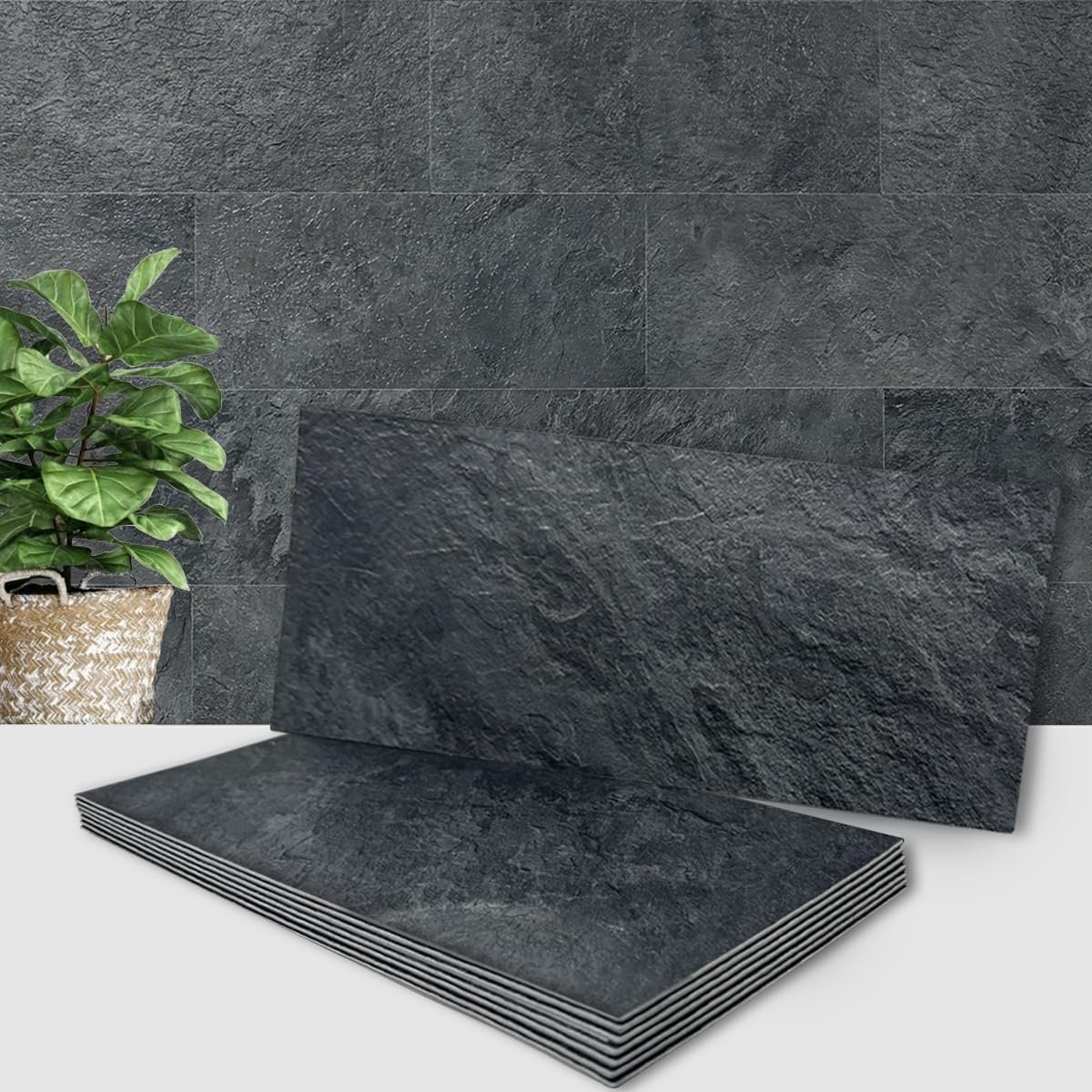 AULIGET 6″ x 12″ Black Slate Peel and Stick Backsplash Wall Tiles, PVC Faux Stone Stick on Tiles for Backsplash Kitchen, Bathroom, Laundry Room, Camper, Fireplace (Pack of 20)