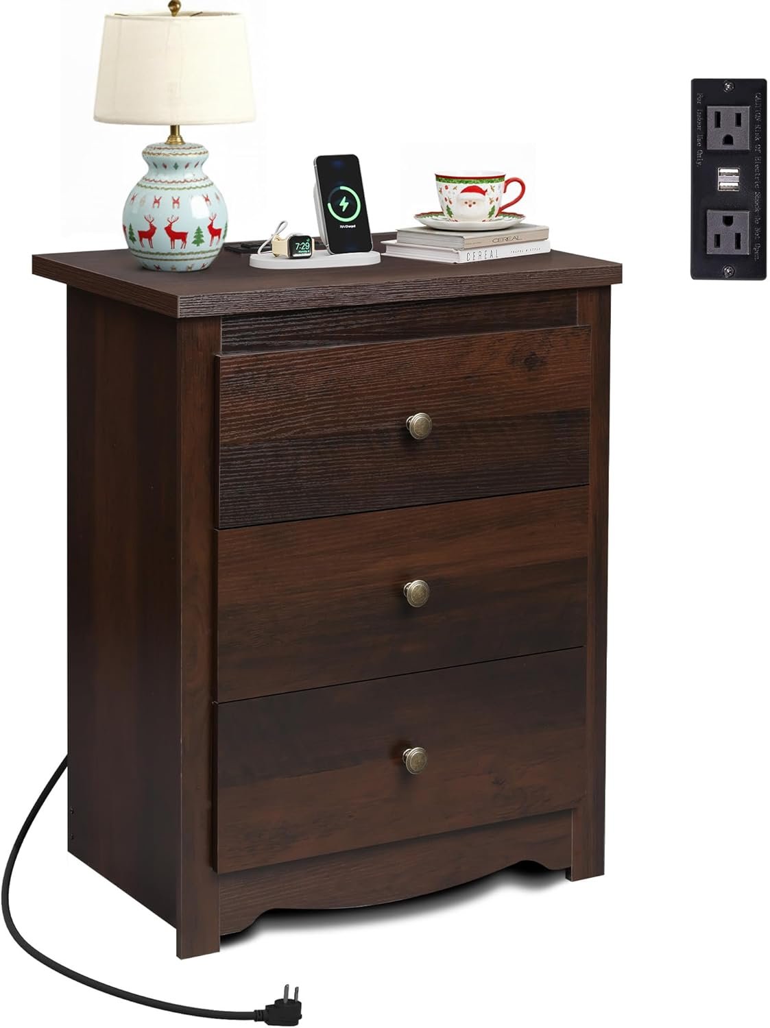 WLIVE Tall Nightstand with Charging Station, Wood Night Stand with 3 Drawers Storage, Bedside Table End Side Tables with 2 USB Ports and Outlets for Bedroom, Closet, Espresso | 3 Drawers Storage, Power Outlets(2AC+2USB), Easy Assembly, Premium Eco-friendly Wood, Espresso Night Stand for Bedroom