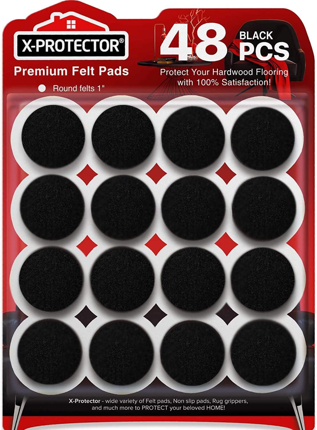 Felt Furniture Pads X-Protector – 48 PCS 1″ – Premium Felt Pads (Black) | Furniture Feet Wood Floors Protectors – Prevent Scratches, Annoying Noise & Protect Your Hard Surfaces!