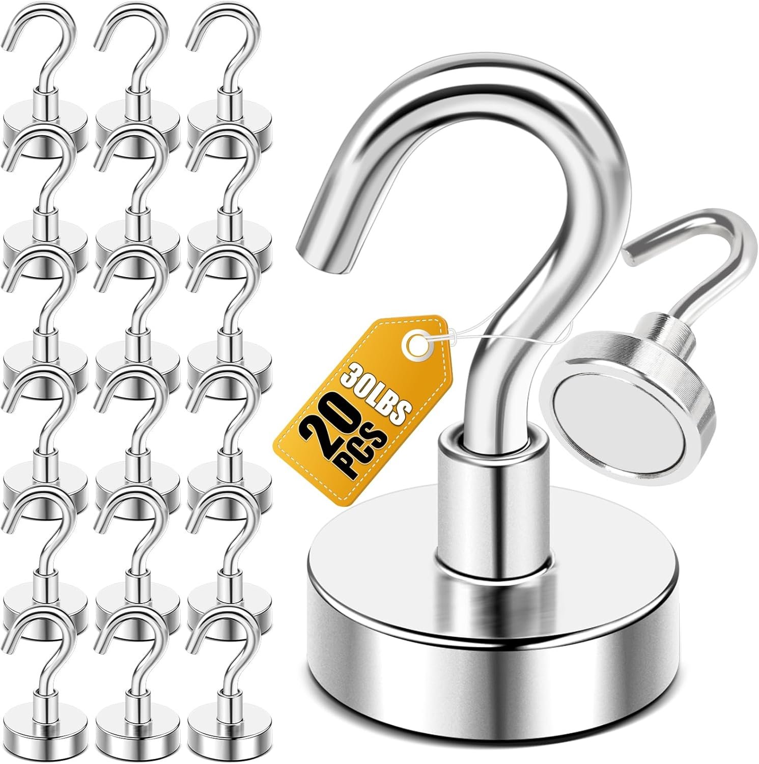 DIYMAG Magnetic Hooks 20pcs 30lbs+ Cruise Essentials 2026 Magnet Hook | Neodymium Heavy Duty Strong Magnets Hanging Ship Cabins Refrigerator Fridge Classroom Beach Vacation Kitchen Grills Home Tool