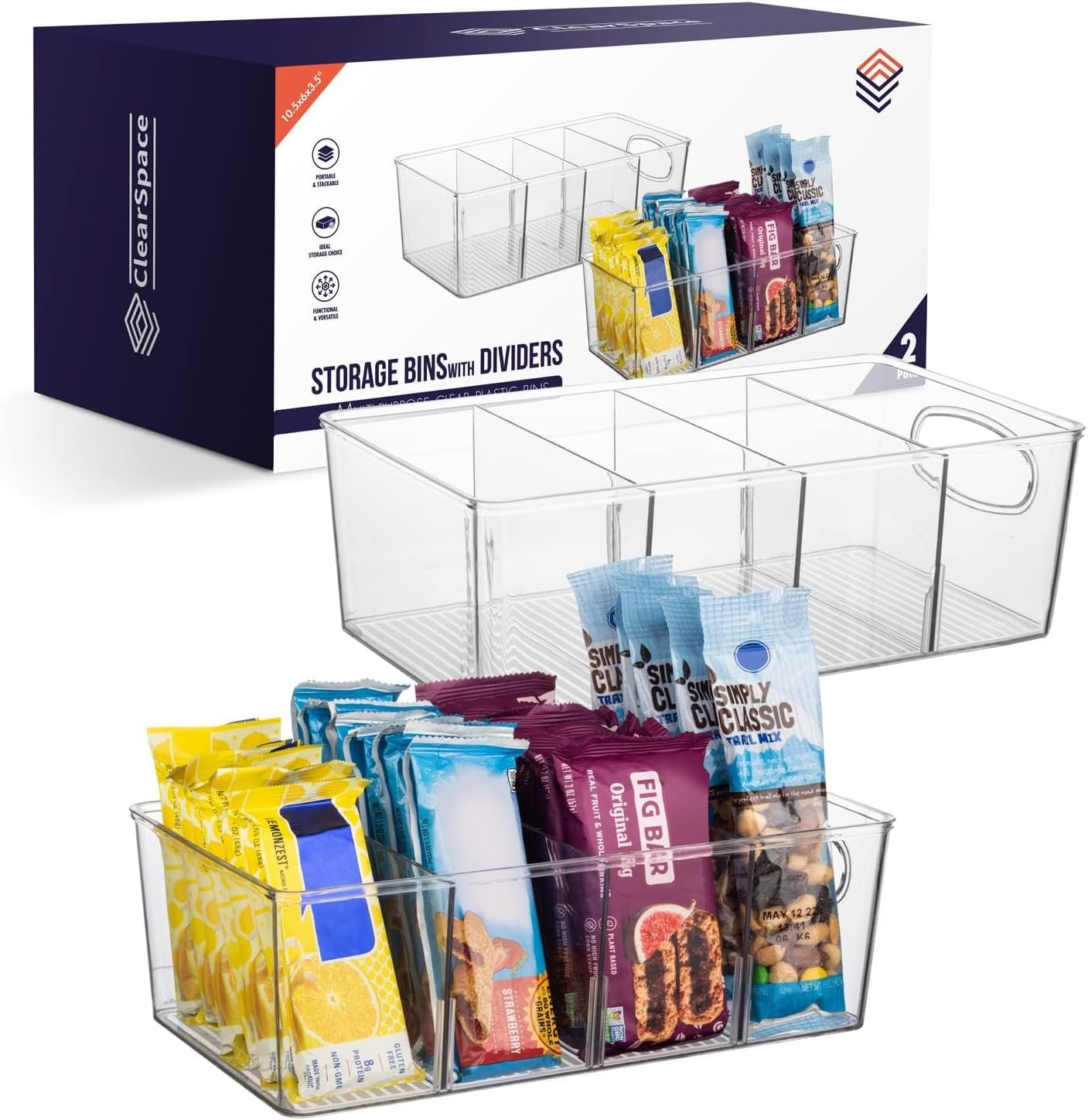 ClearSpace Pantry Organizers and Storage and Cabinet Organizer, 2 Pack | Storage bin with divider for organizing pantry items, food containers, kitchen essentials, and refrigerator storage