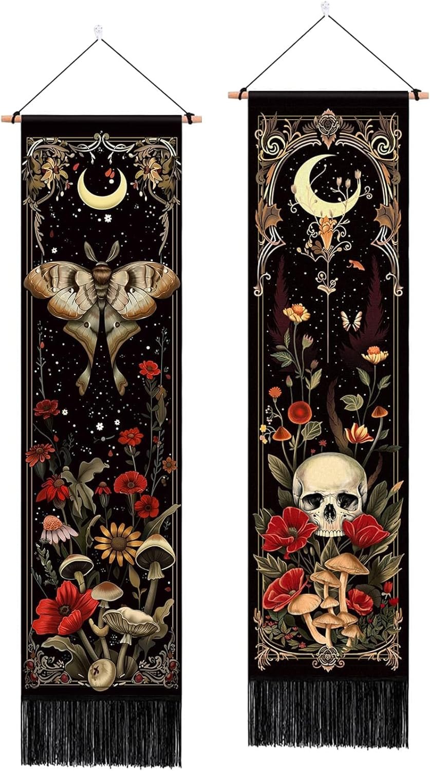 2 Pack Witchy Gothic Wall Decor, Moth Skull Tapestry for Room 12.8×51.2 in