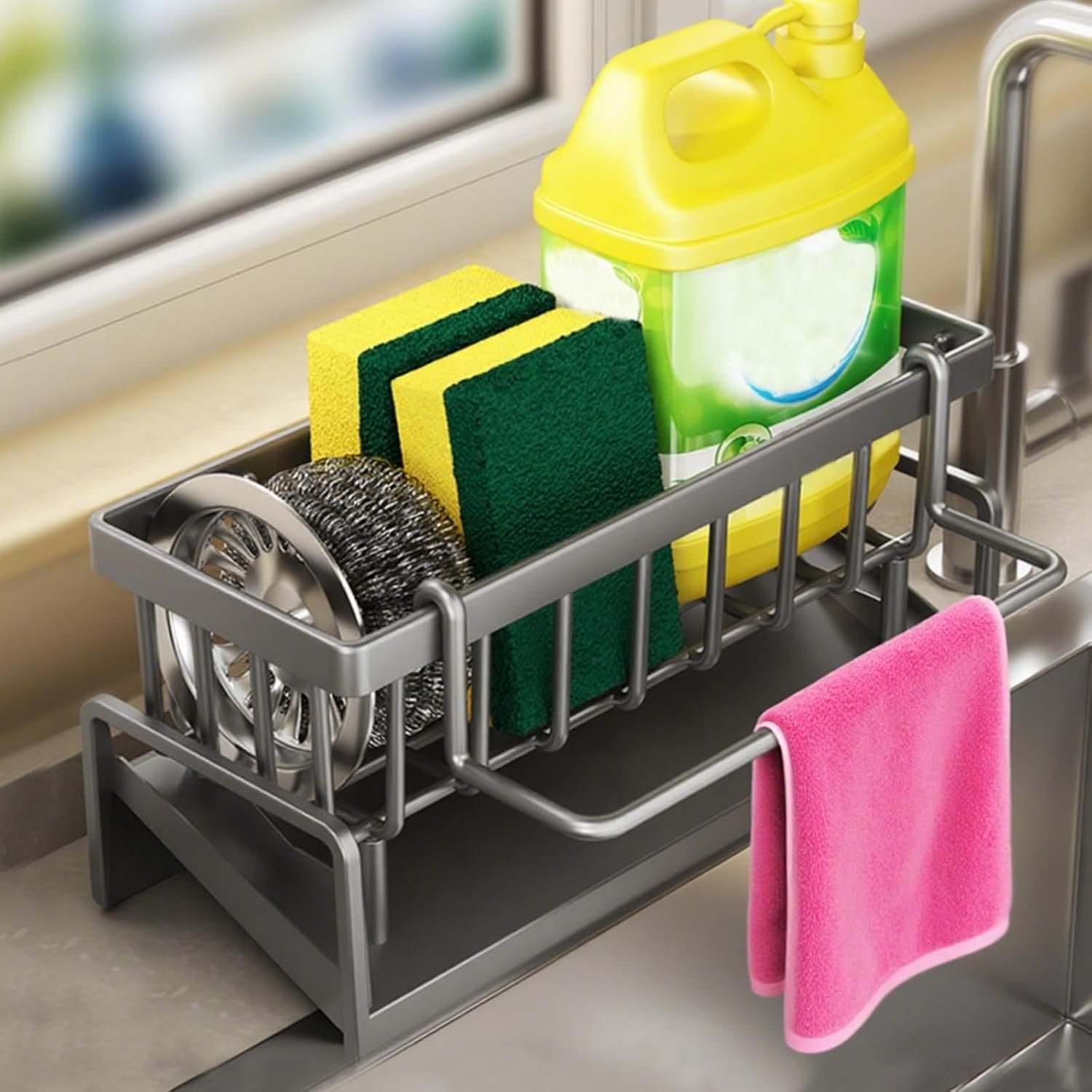 Wall Mounted Kitchen Storage Rack with Over Sink Shelf Design, Spice Organizer and Space Saving Countertop Solution