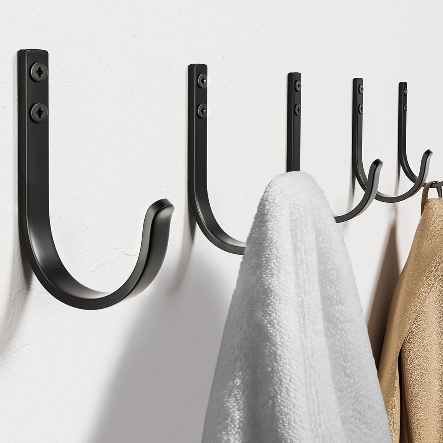 22LB Wall Hooks for Hanging Towel/Coat, Black 5 Pack | Screw in Metal Hanger Wall Mount, for Outdoor, Closet, Door, Bathrooms, for Backpack, Robe