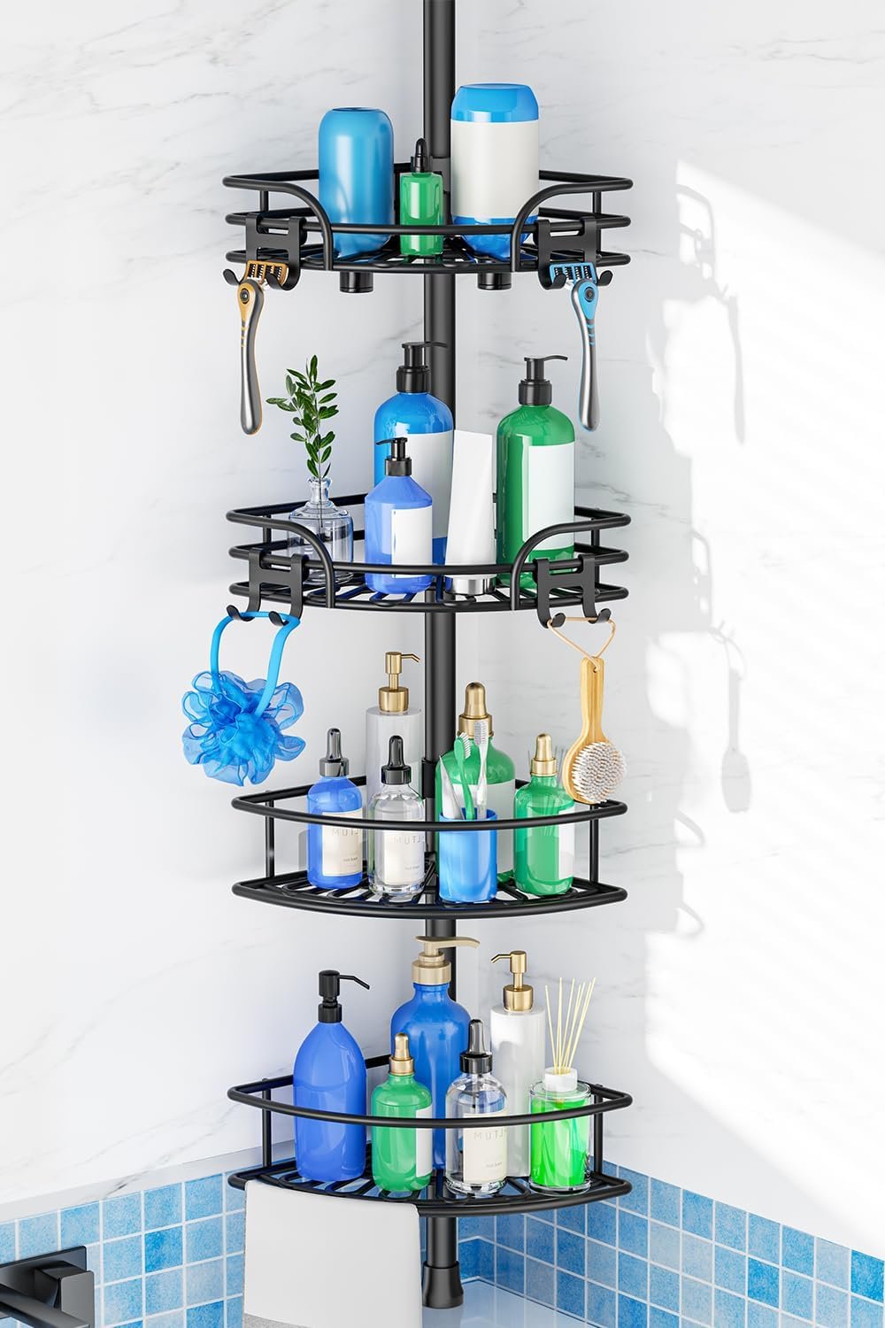 HAMITOR Corner Shower Caddy Tension Pole, Adjustable No-Drill Widen Shelves | 47-123 In Rod, Large Capacity Bathroom Organizer, Floor to Ceiling, Space-Saving Toiletries Storage for Family Renters, Black