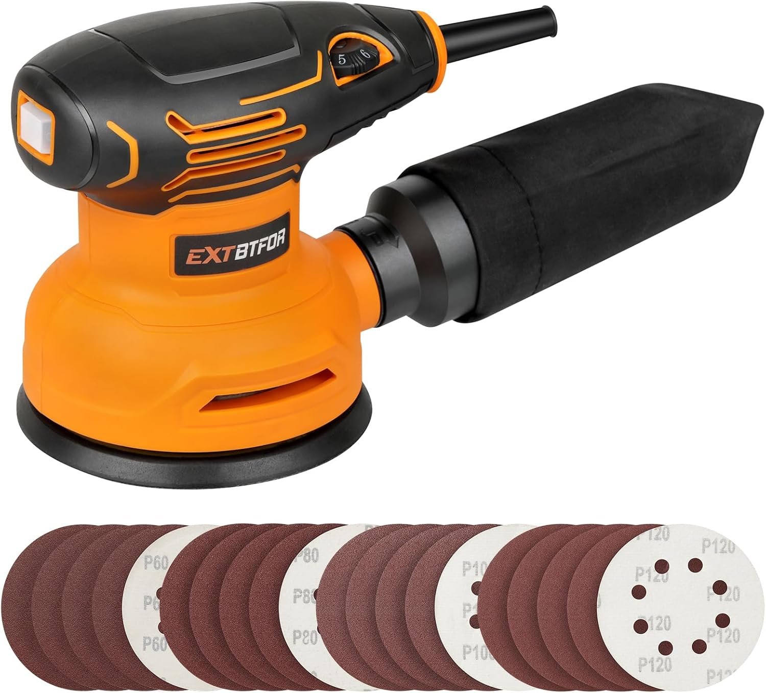 5″ Orbital Sander,300W 5000-12000OPM Variable Speed 20 Sandpapers | Electric Sander Sandpapers (5*P60, 5*P80, 5 *P100, 5*P120)for Woodworking and Sanding with Vacuum Dust Collector
