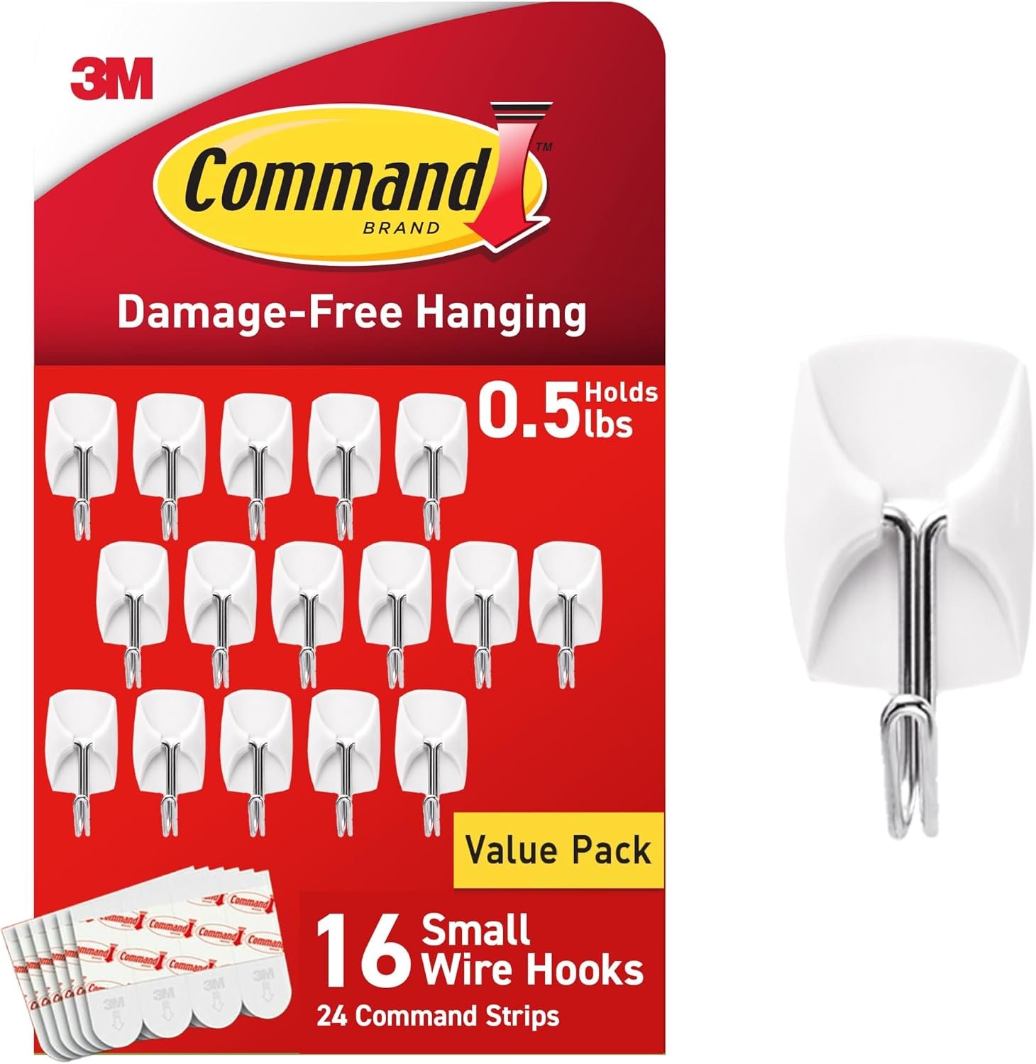 Command Small White Wire Hooks, 16 Hooks, 24 Strips | Damage-Free Hanging with Adhesive No Tools Wall Hooks for Hanging Decorations in Living Spaces, Holds up 0.5 lb