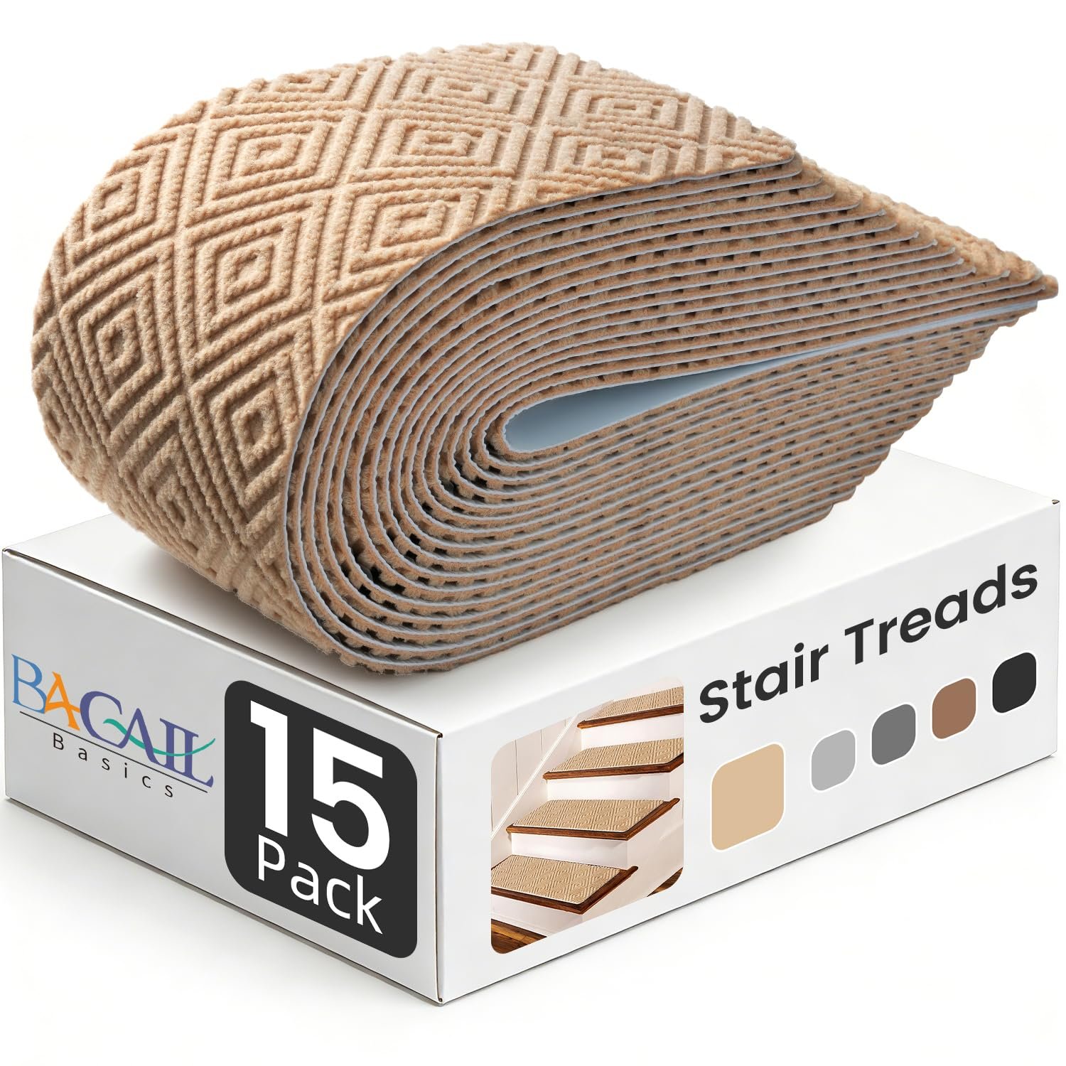 BAGAIL 15-Pack Non-Slip Stair Treads 8″x30″ for Wooden Steps, Beige | No-Residue Adhesive, 0.28″ Thick Cushion, Machine Washable, Safe for Dogs, Kids & Elderly, Peel-and-Stick Easy Installation