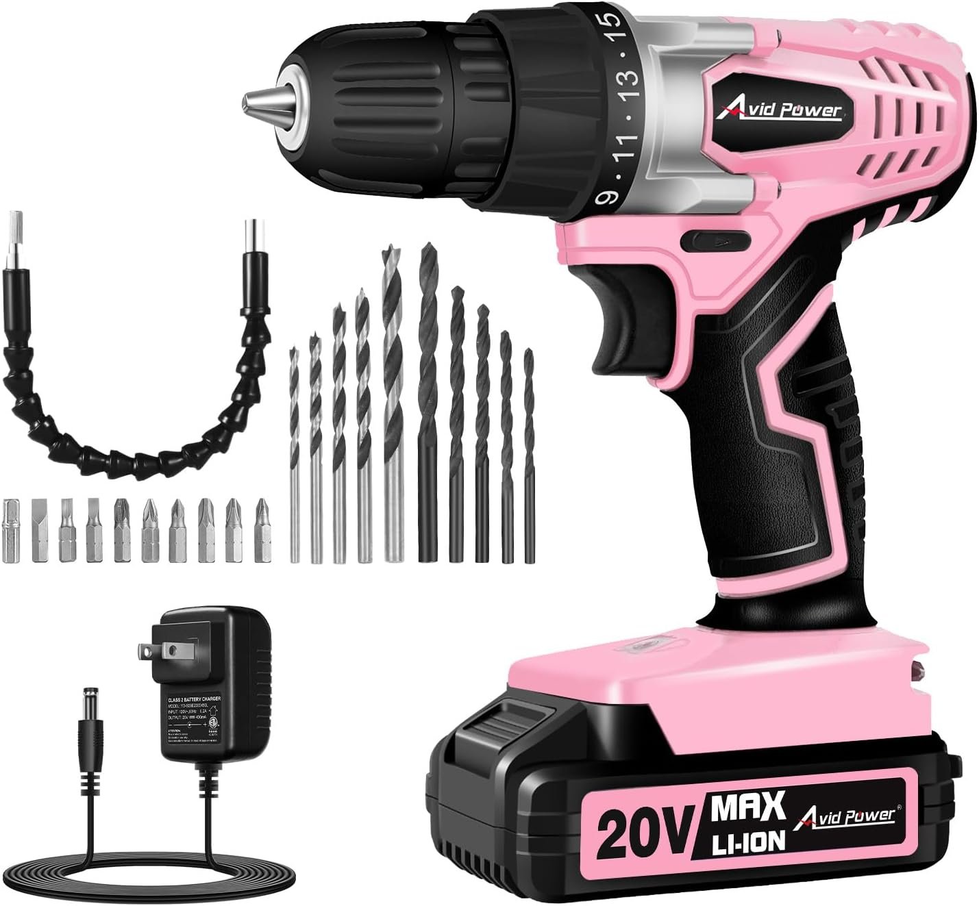 AVID POWER 20V Cordless Drill Set for Home DIY & Beginner Projects – Lightweight Power Drill with Battery Charger & 22 Bits, Variable Speed, 3/8″ Keyless Chuck, Ideal for Furniture Assembly (Pink)