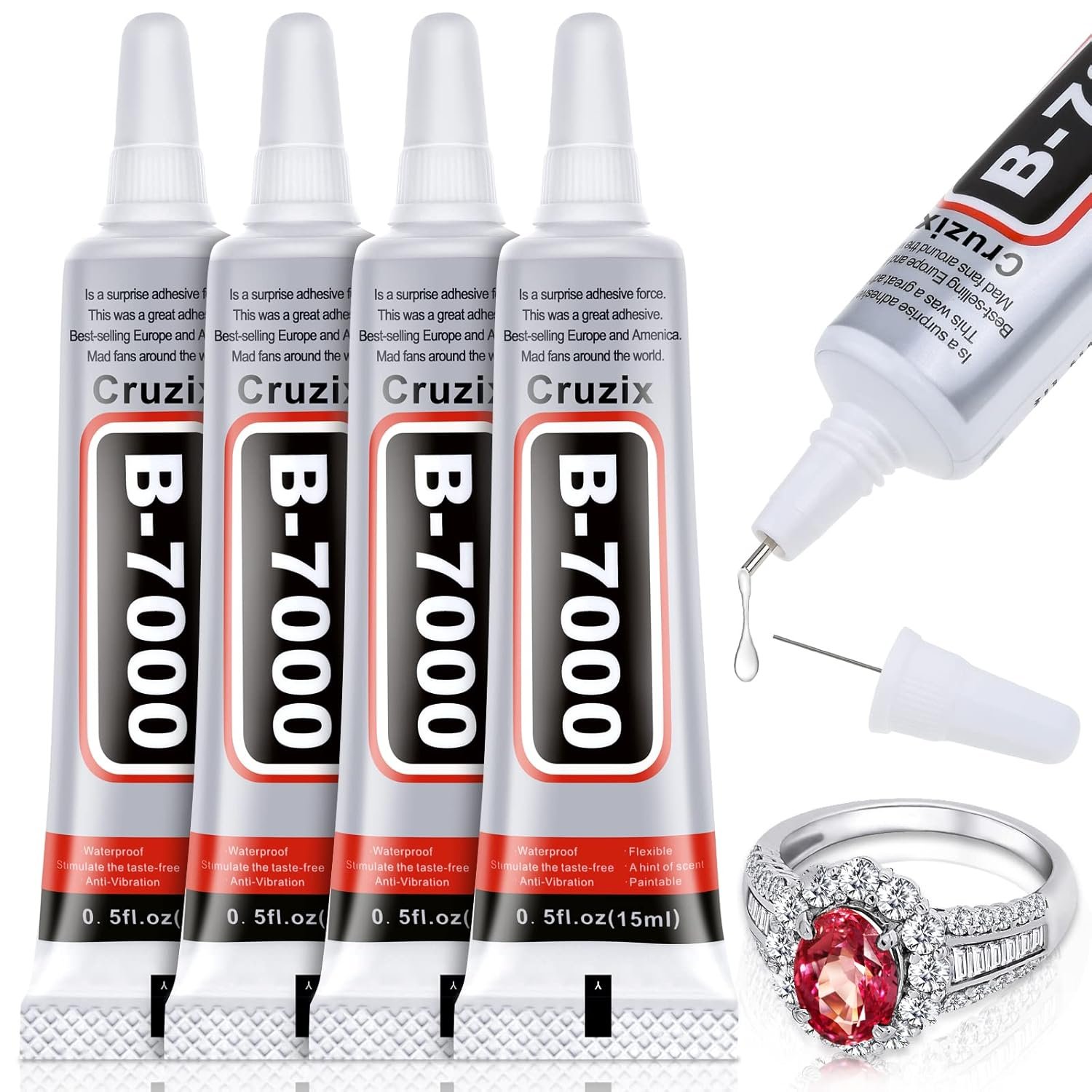 B-7000 Glue Clear for Rhinestone Crafts, Jewelry and Bead Adhesive B7000 Semi Fluid High Viscosity Glues for Clothes Shoes Fabric Cell Phones Screen Repair Metal Stone Nail Art Glass (4×15 ml/0.5 oz)