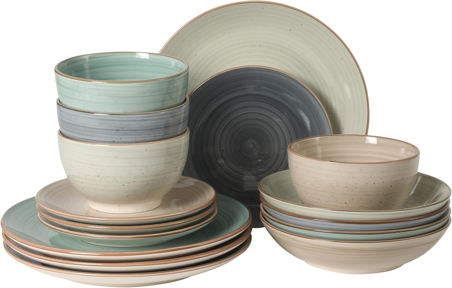 Gibson Home Stonebury 16 Piece Plates and Bowls Assorted Color Dishes – Handpainted Stoneware Dinnerware Set – Service for 4