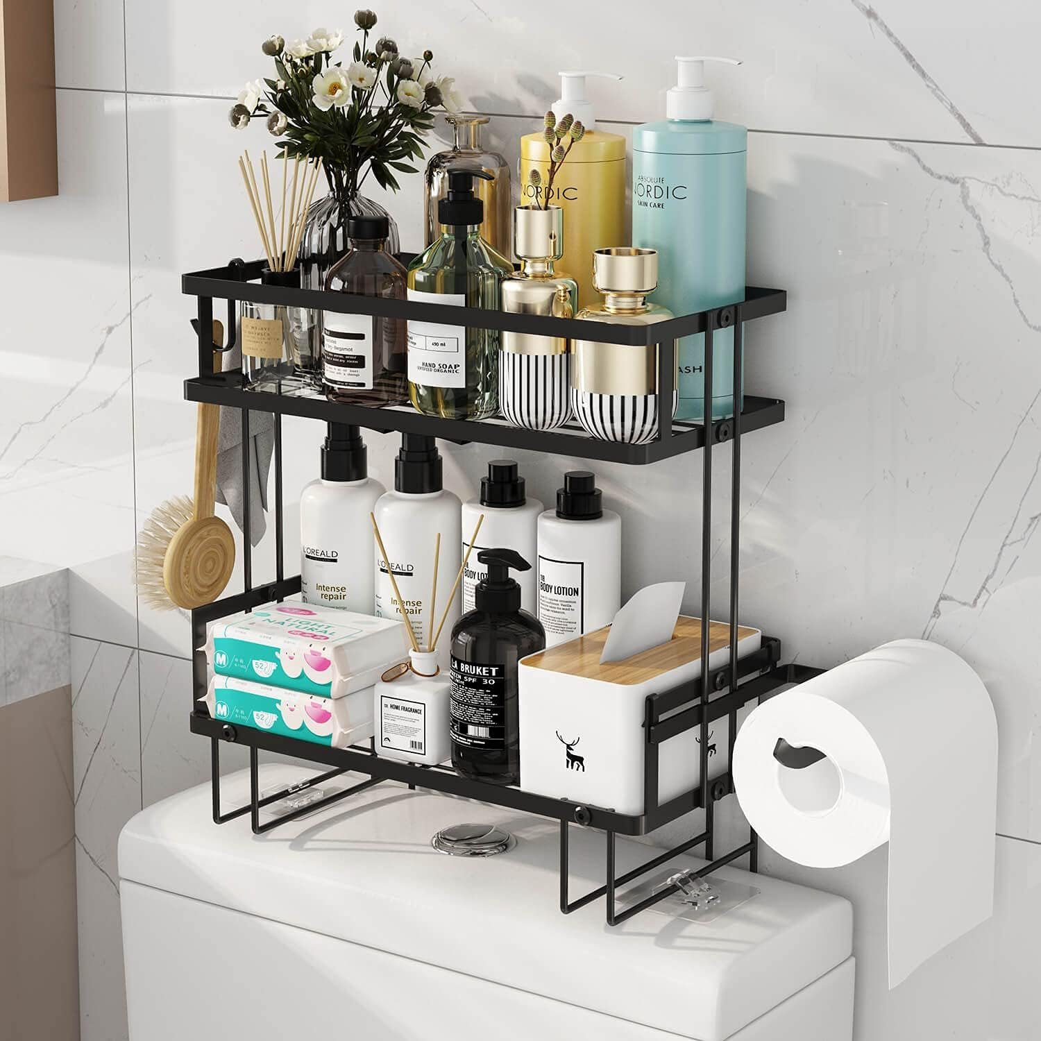2-Tier Over Toilet Storage Shelf, Wall-Mount with 2 Hook/Paper Rack | Bathroom Organizers and Storage Cabinet, Behind/Above/On/Top/Back Tank Shelves, Decor for Bathroom/Restroom/Kitchen/Bedroom