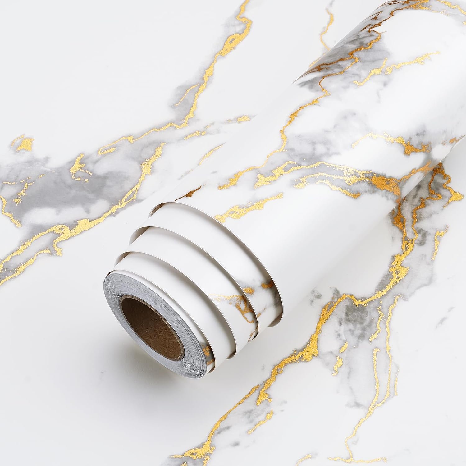LACHEERY Thick White Marble Contact Paper for Countertops Waterproof Contact Paper Peel and Stick for Cabinets Removable Matte Gold Grey White Marble Wallpaper for Kitchen Bathroom Counter 15.8″x80″