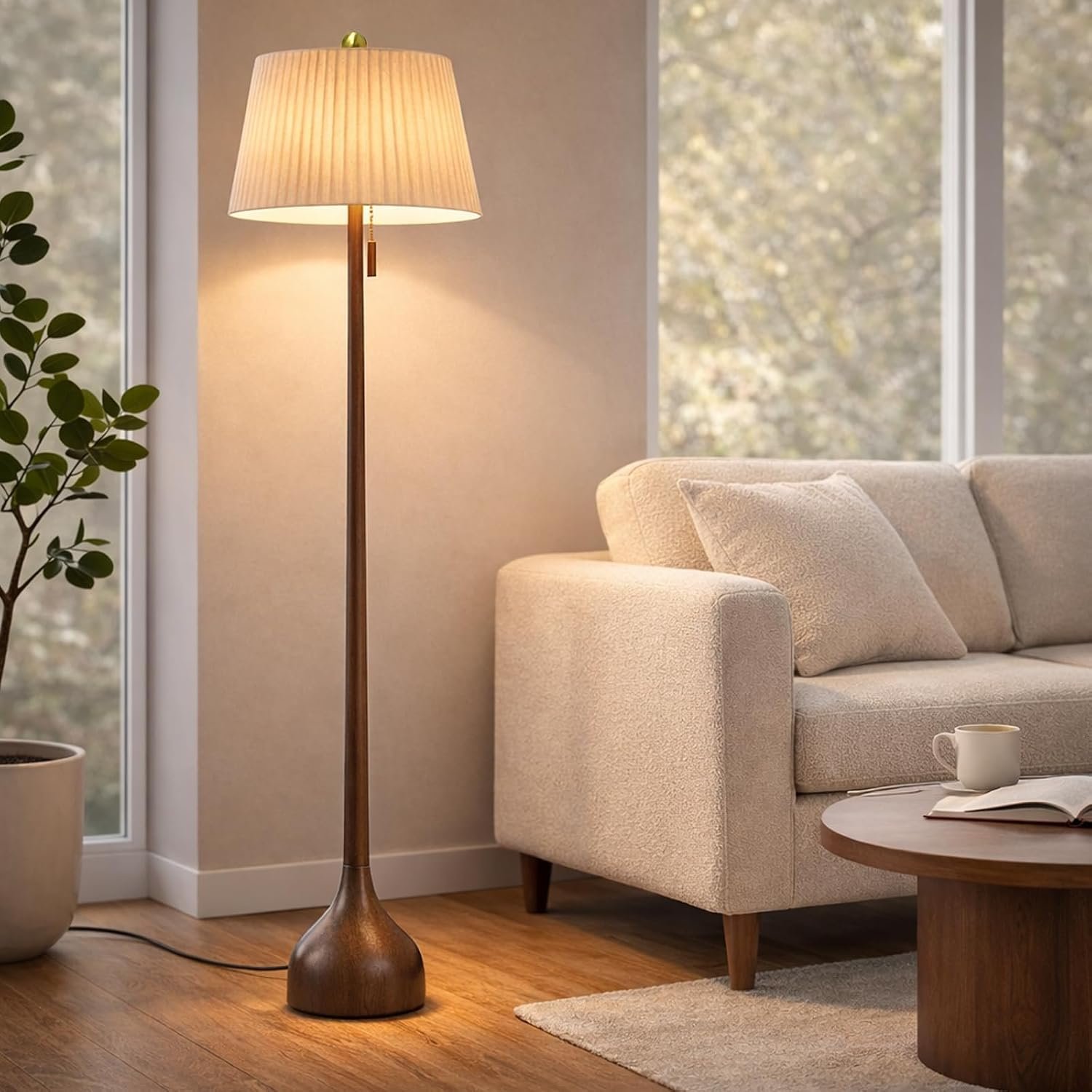 MOFFE Mid Century Modern Real Wood Floor Lamp with 2 Shades for Two Looks | 65″ Tall,Sculptural Teardrop Base,Wooden Pull Chain,Vintage Standing Lamp,Linen Shades,Living Room,Bedroom, Bulb Included