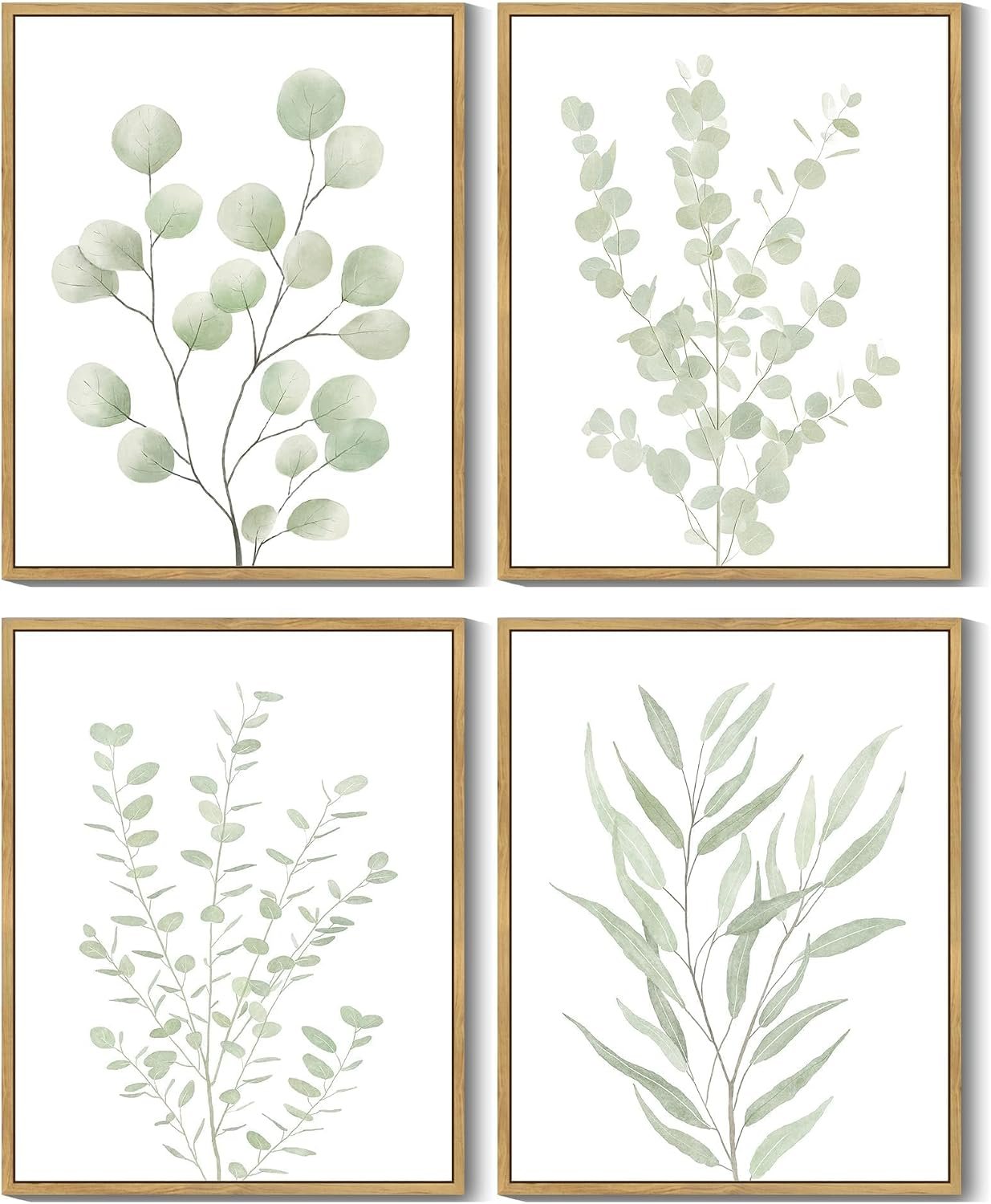 Drsoum Botanical Plant Framed Wall Art Boho Wall Decor for Bathroom Sage Green Eucalyptus Leaf Prints Minimalist Aesthetic Ready to Hang Set of 4, 8×10 in (Natural Framed)