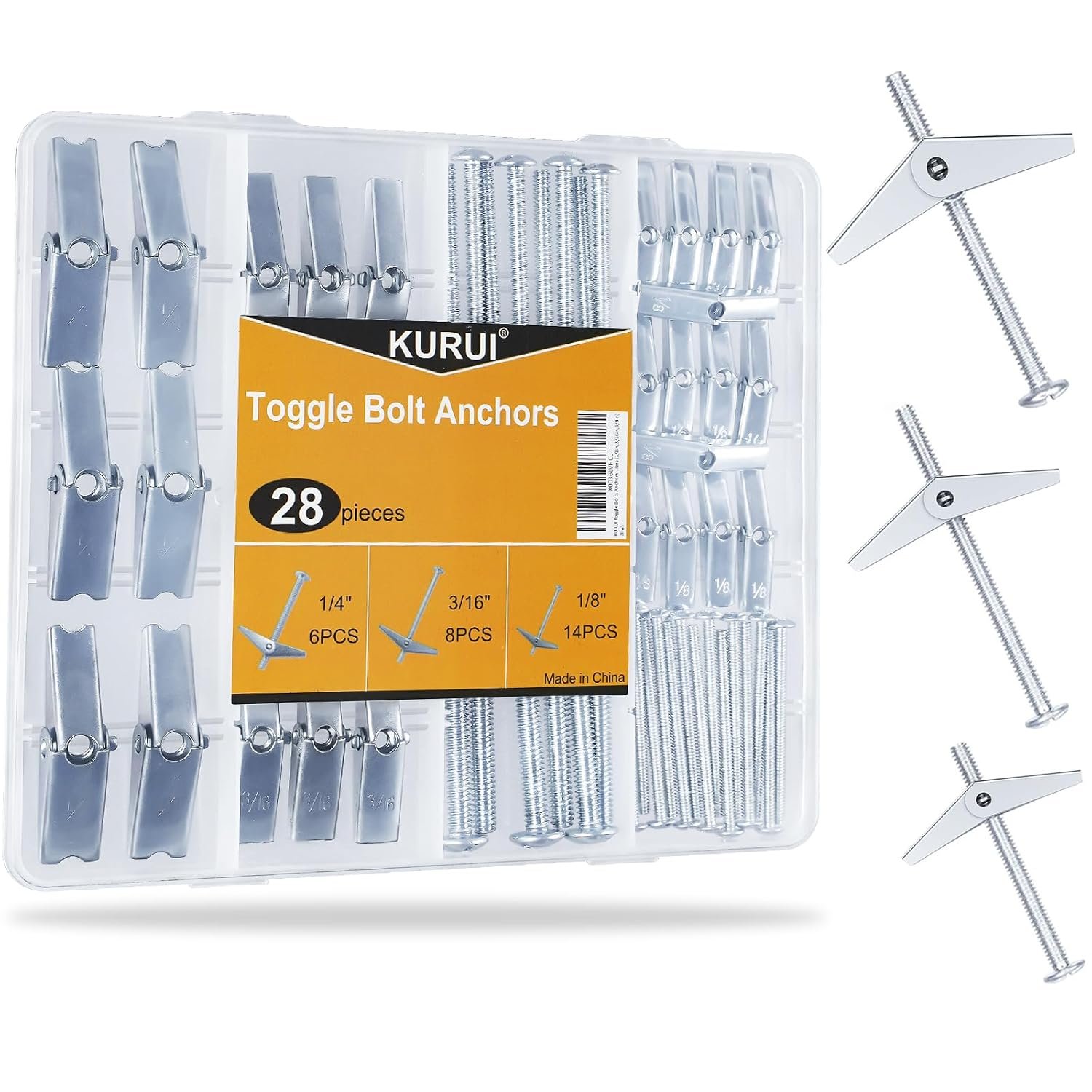 KURUI Heavy Duty Hollow Drywall Anchors for Sheetrock Ceiling, Toggle Bolts and Wing Nut Kit, 28Pcs Metal Dry Wall Anchors and Screws Assortment Set, Butterfly Anchor for Hanging 1/8, 3/16, 1/4