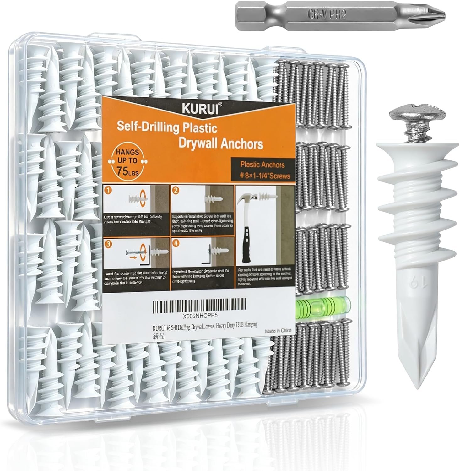 140Pcs #8 Self Drilling Drywall Anchors and Screws Kit, No Drill Hole | Heavy Duty Dry Wall Anchors for Hanging Sheetrock, 70 Self-Tapping Plastic Hangers 70 Drywall Screws, Mounting Hardware -75LB