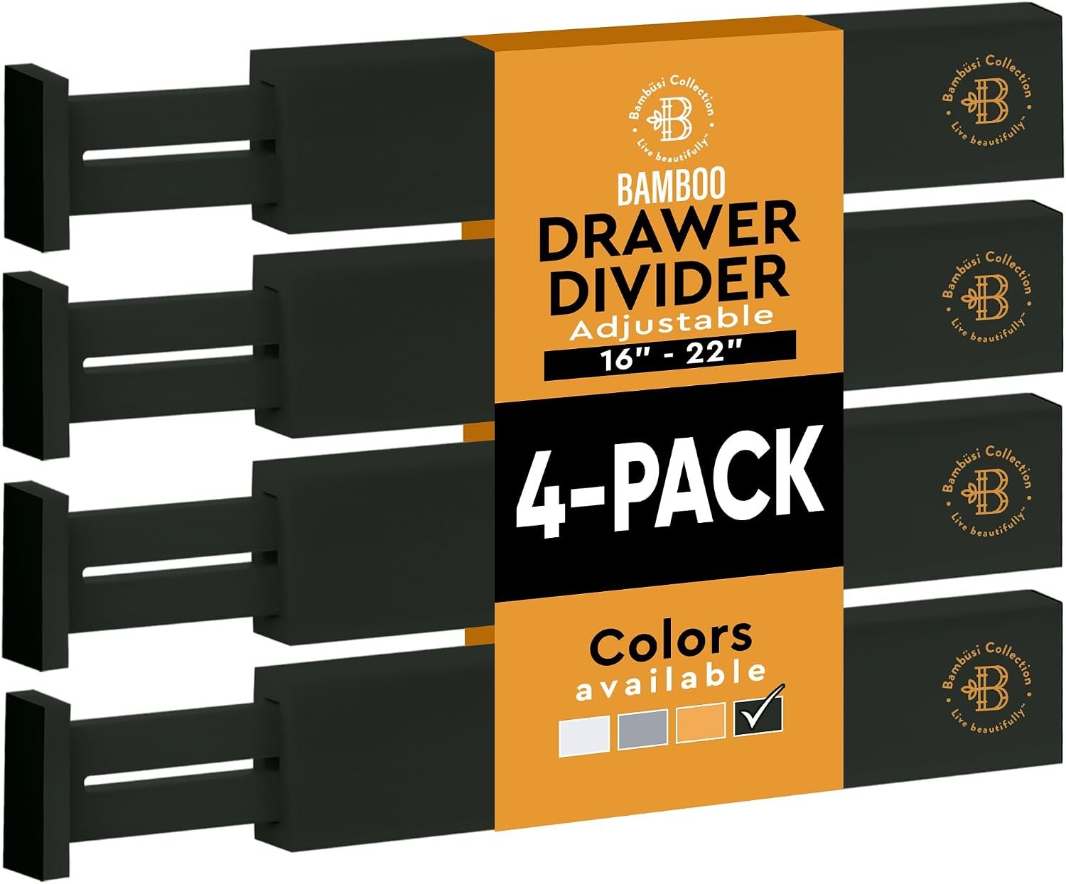 4-Pack Bamboo Drawer Dividers – 2.6 Inches High, Adjustable 16 to 22 Inches Expandable Drawer Organizers and Dresser Separators for Clothes, Utensils, Bedroom, Bathroom, Kitchen, Office, Black Wood
