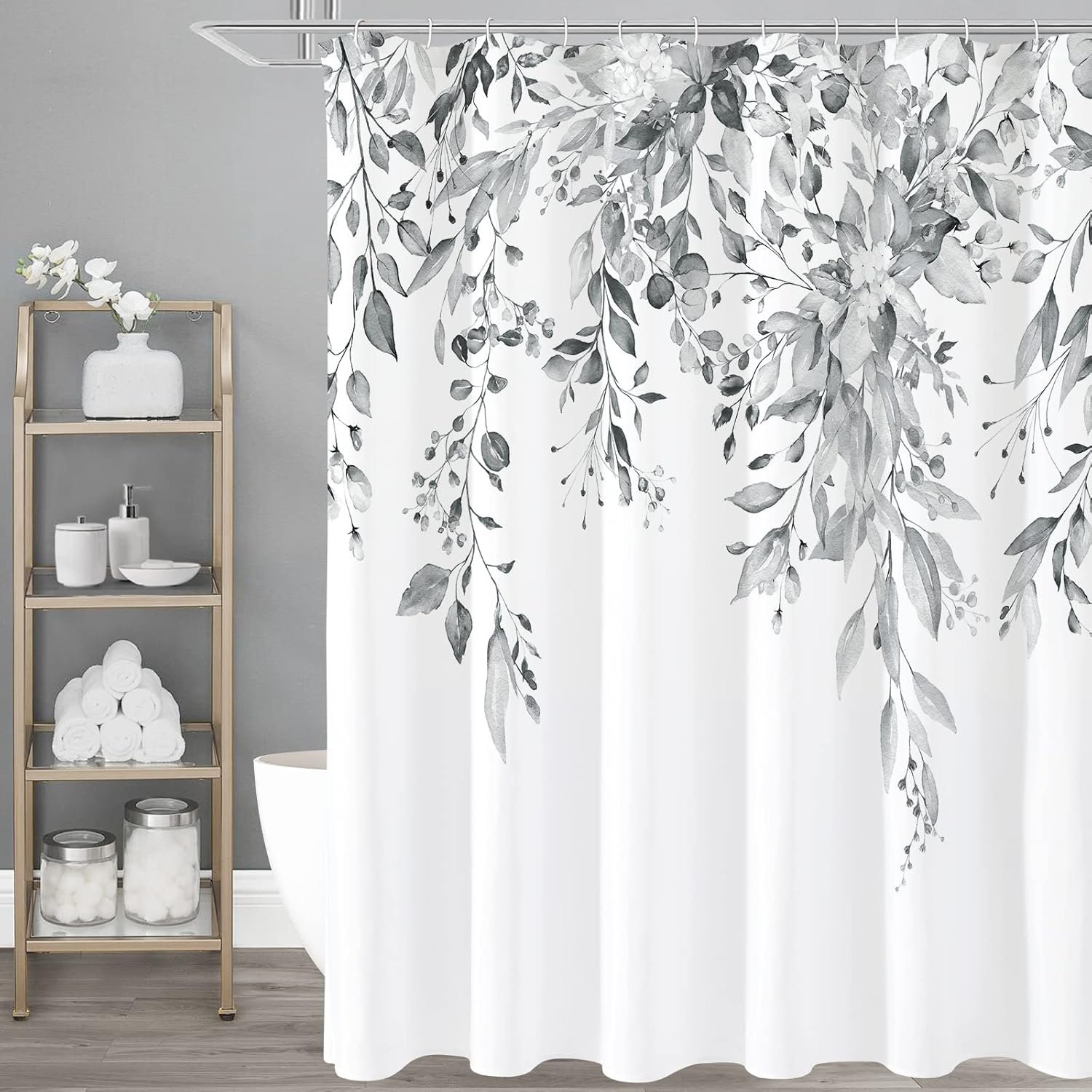 Grey Eucalyptus Shower Curtain, Watercolor Floral Print, 72×72 | Watercolor Plant Leaves Floral Print, Waterproof Fabric Bathroom Decor, Machine Washable, Rustproof Grommets
