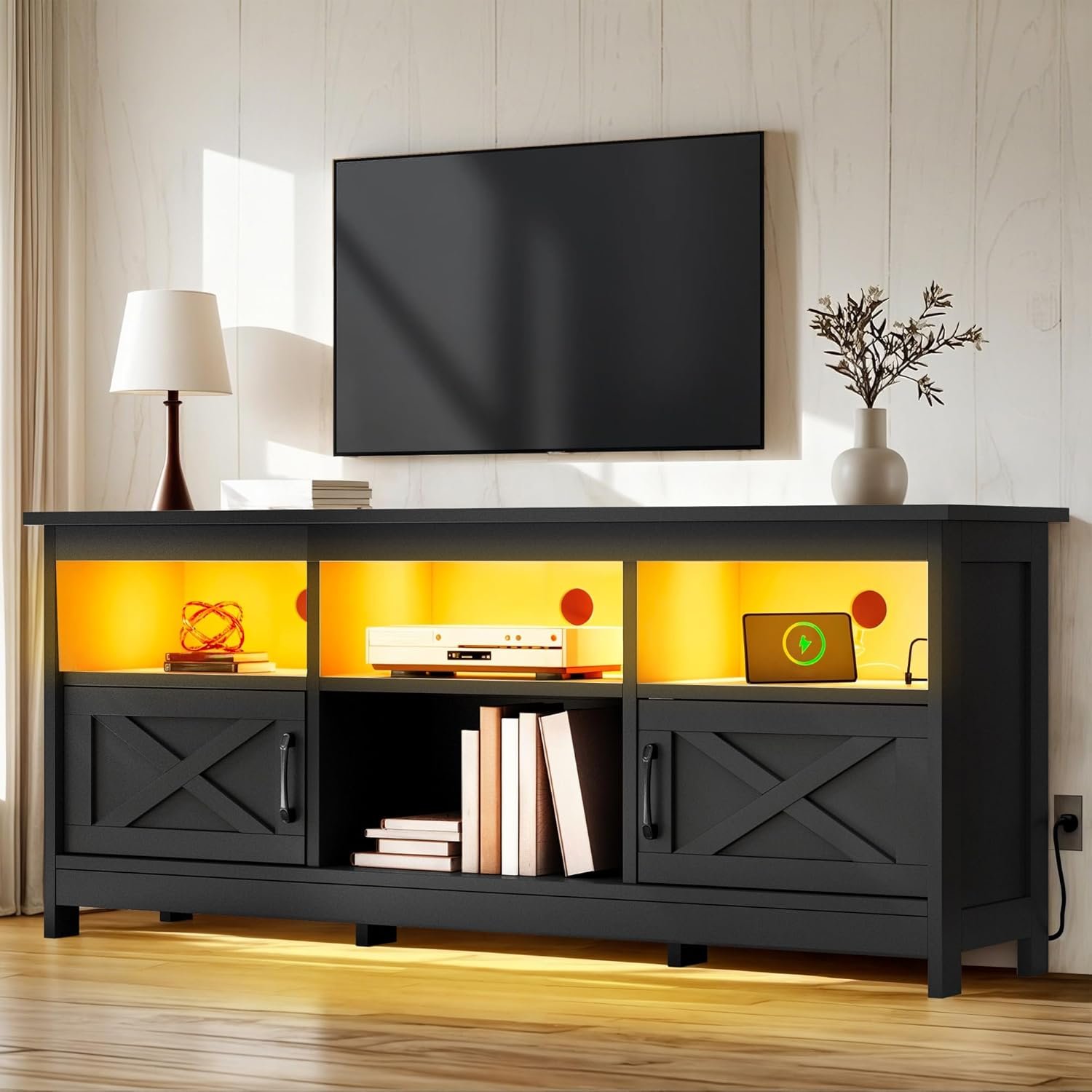 YITAHOME 59″ TV Stand with Power Outlet & LED Light for 65 Inch TVs, Black | Farmhouse Entertainment Center with Storage Cabinets, Media Console Living Room Furniture