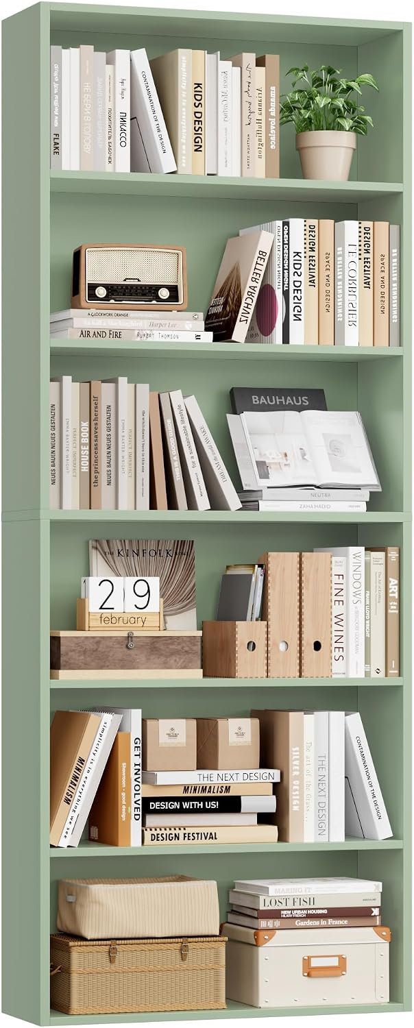 FOTOSOK 6 Tier Tall Bookshelf and Bookcase with Open Display Shelves, Green | Industrial Tall Bookcases with Storage, Freestanding Book Shelf for Home Office, School Library , Living Room, Narrow Space