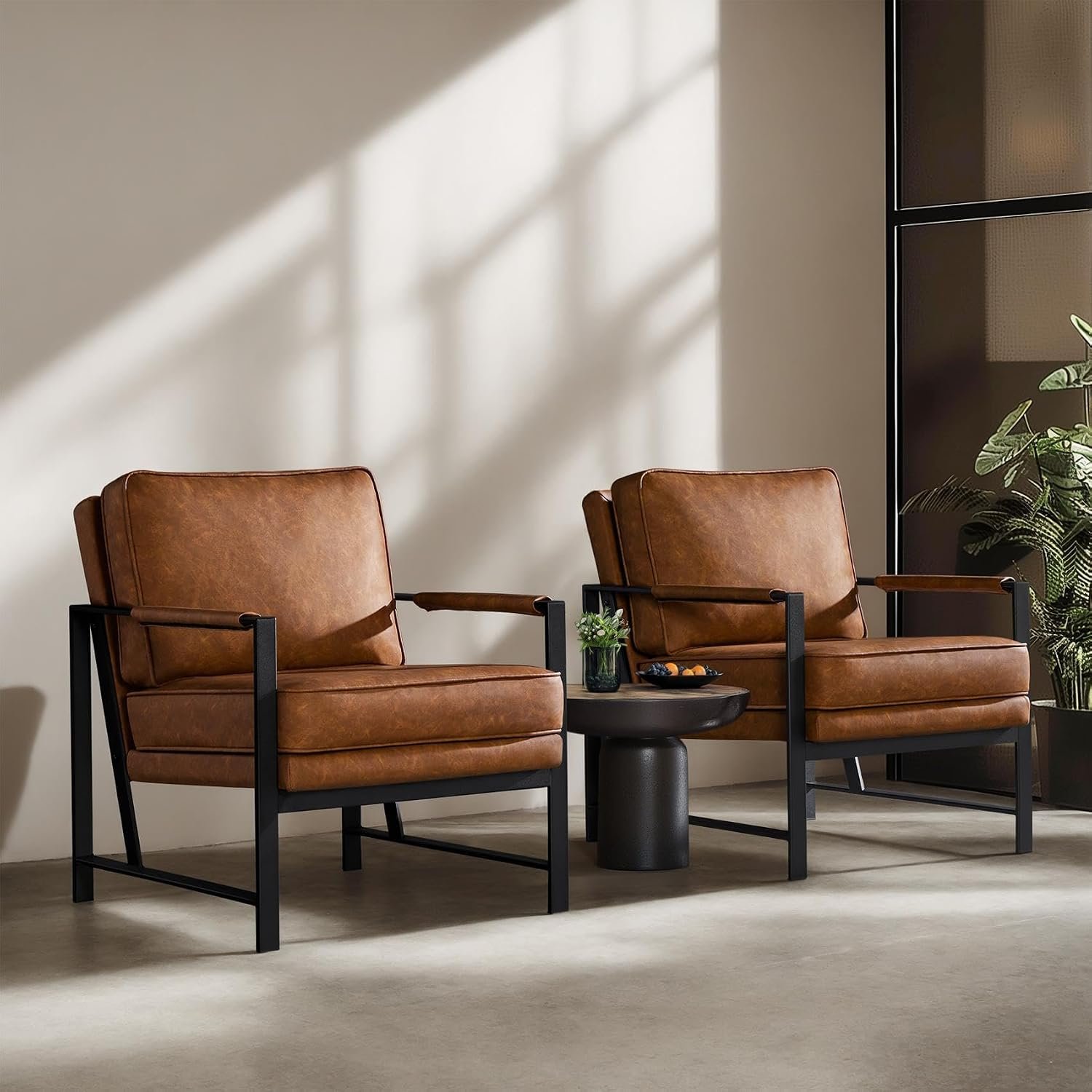 Yaheetech Mid-Century Modern Accent Chairs Set of 2, Light Brown | Oversized Faux Leather Chair with Soft Cushion, Ergonomic 105° Back, Reading Chair for Living Room, Bedroom and Waiting Room