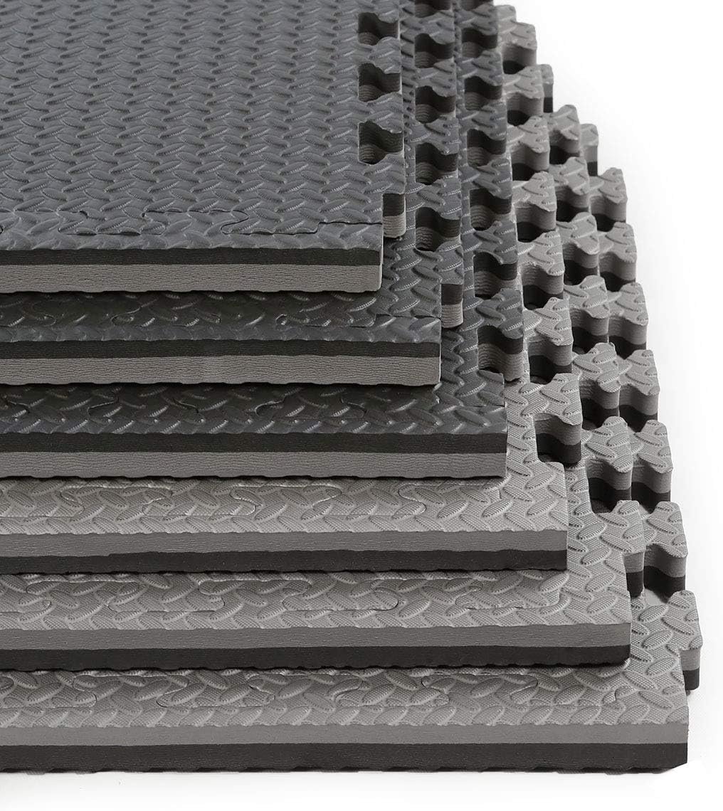 1″ Extra Thick 48 sq ft Reversible EVA Gym Foam Floor Mat Tiles (24″ x 24″), Steel Pattern, 12 pcs, Black & Grey