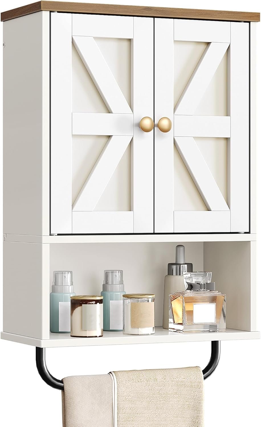 Bathroom Wall Cabinet, Medicine Cabinet with Open Partition and Towel Bar, Rustic Storage Cabinet with Open and Hidden Storage Space, for Bathroom, Living Room, Kitchen, White and Walnut