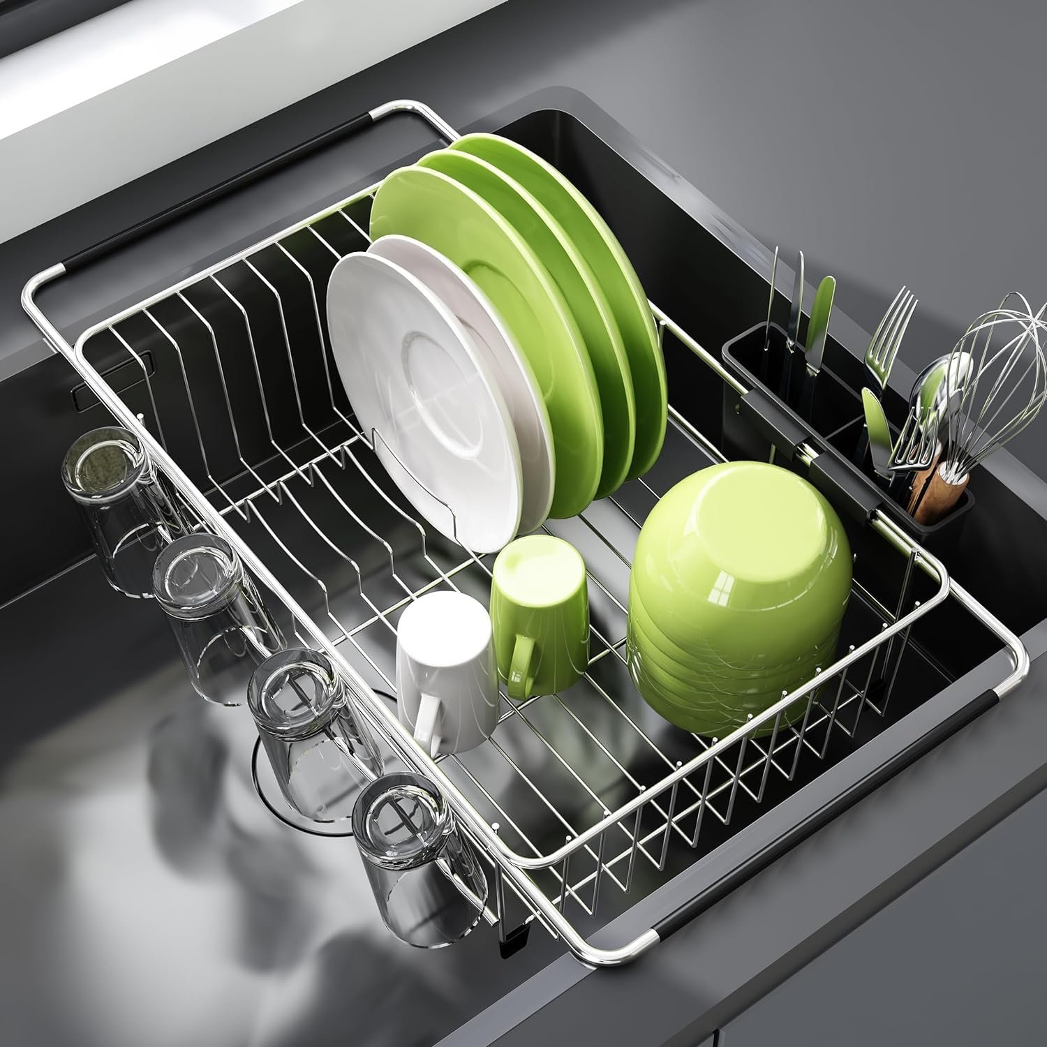 JASIWAY Dish Drying Rack in Sink, Dish Drainer with Cup and Utensil Holder | Over The Sink Expandable Stainless Steel Strainer Dryer Rack for Small Kitchen, Counter Space Saving, Fast Drain, Rustproof