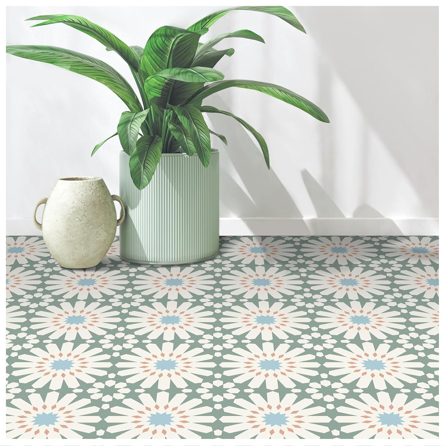 MORCART 20PCS 7.87″ x 7.87″ Peel and Stick Floor Tile, DIY Vinyl Flooring | Green and White Floral Look, Self-Adhesive, Removable and Waterproof Tile Sticker for Bathroom, Kitchen, Wall, Stairs
