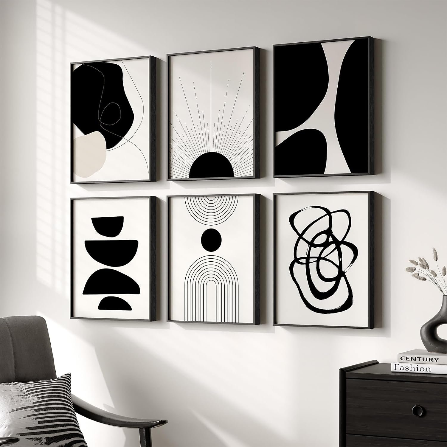 Framed Boho Black and White Abstract Wall Art, Set of 6 Modern Canvas Prints Paintings Artwork for Walls, Minimalist Geometric Pictures for Living Room Bedroom Office Bathroom Wall Decor 11×14 Inch
