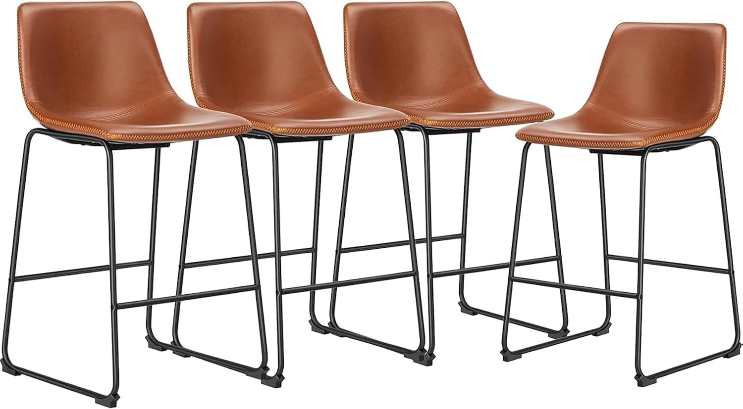 DUMOS Counter Height Bar Stools Set of 4, Faux Leather Metal Bar Chairs | Barstools with Back, Leg, Armless, Upholstered, Kitchen Island, Modern Design, 26 Inch, Brown