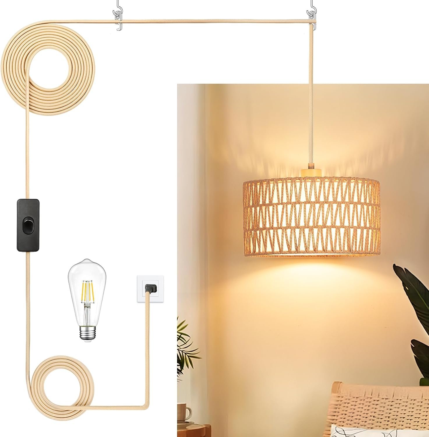 Qingmiao Boho Plug in Pendant Light, Handwoven Shade, 3 Way Bulb, 14ft Cord | Rattan Hanging Lamp Plug in, Dimmable Hanging Light Fixture for Living Room Bedroom Kitchen Ceiling Farmhouse Home Decor