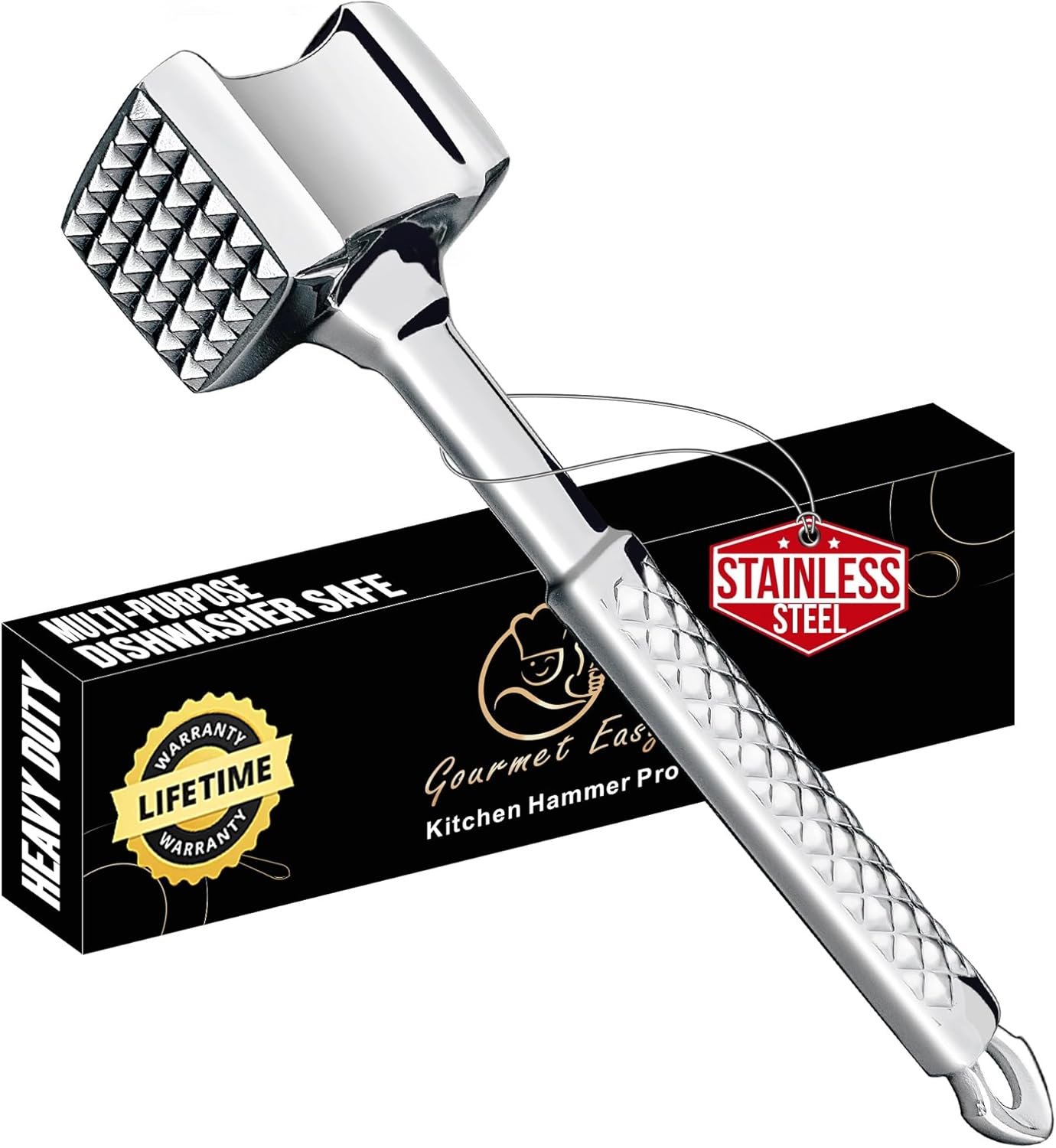 Gourmet Easy Classic Meat Tenderizer Tool, Non-Slip Grip Lifetime Replace | Dual-Sided Heavy-Duty Design for Effortless Tenderizing of Steak,Chicken and Poultry , Dishwasher Safe, Lifetime Replacement