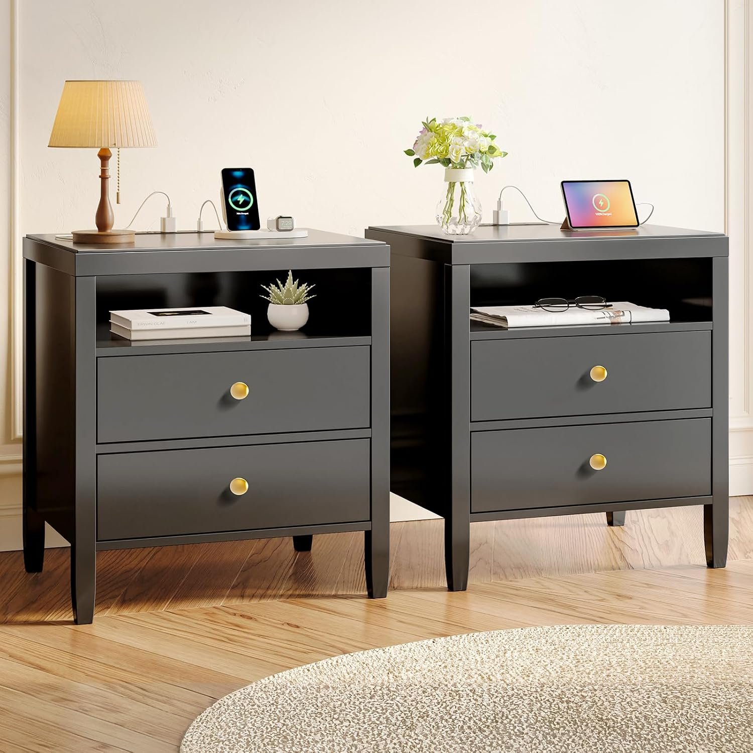Huuger Black Nightstand Set of 2, Night Stand with Charger Station | Bedside Table with 2 Drawers, Bed Side Tables for Bedroom, Modern Nightstands, Metal Knobs, Painted Surface
