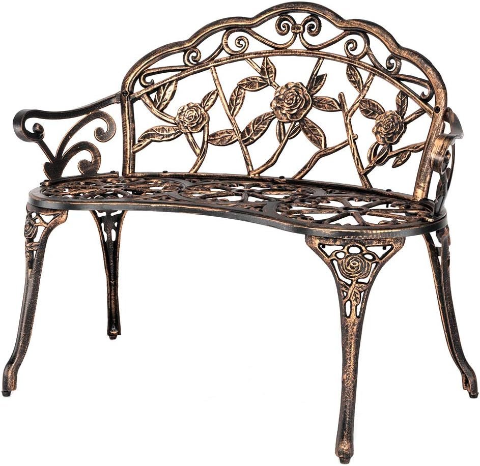 VINGLI 38.5″ Patio Park Garden Outdoor Metal Rose Bench, 2-Person Cast Iron Cast Aluminium Frame Antique Finish Chair,Accented Lawn Front Porch Path Yard Decor Deck Furniture (Bronze, Rose)