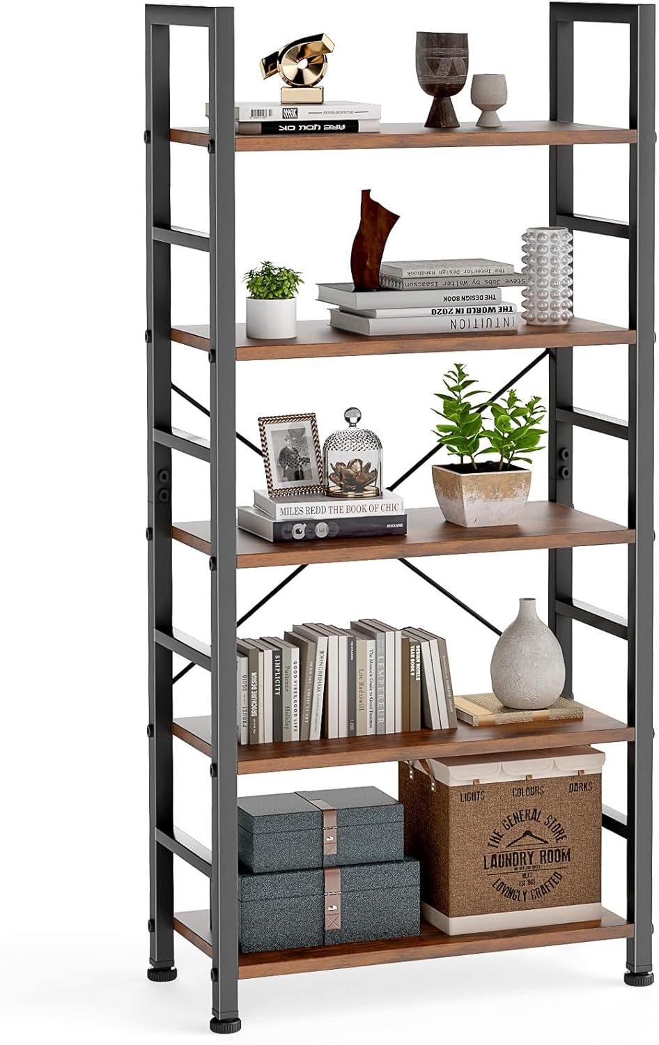 DUMOS 5 Tiers Bookshelf, Classical Modern Book Shelf, Tall Display Shelves in Living Room/Home/Office, Storage Organizer for CDs/Books/Movies, Rustic Brown | Tall Display Shelves in Living Room/Home/Office, Storage Organizer for CDs/Books/Movies, Rustic Brown