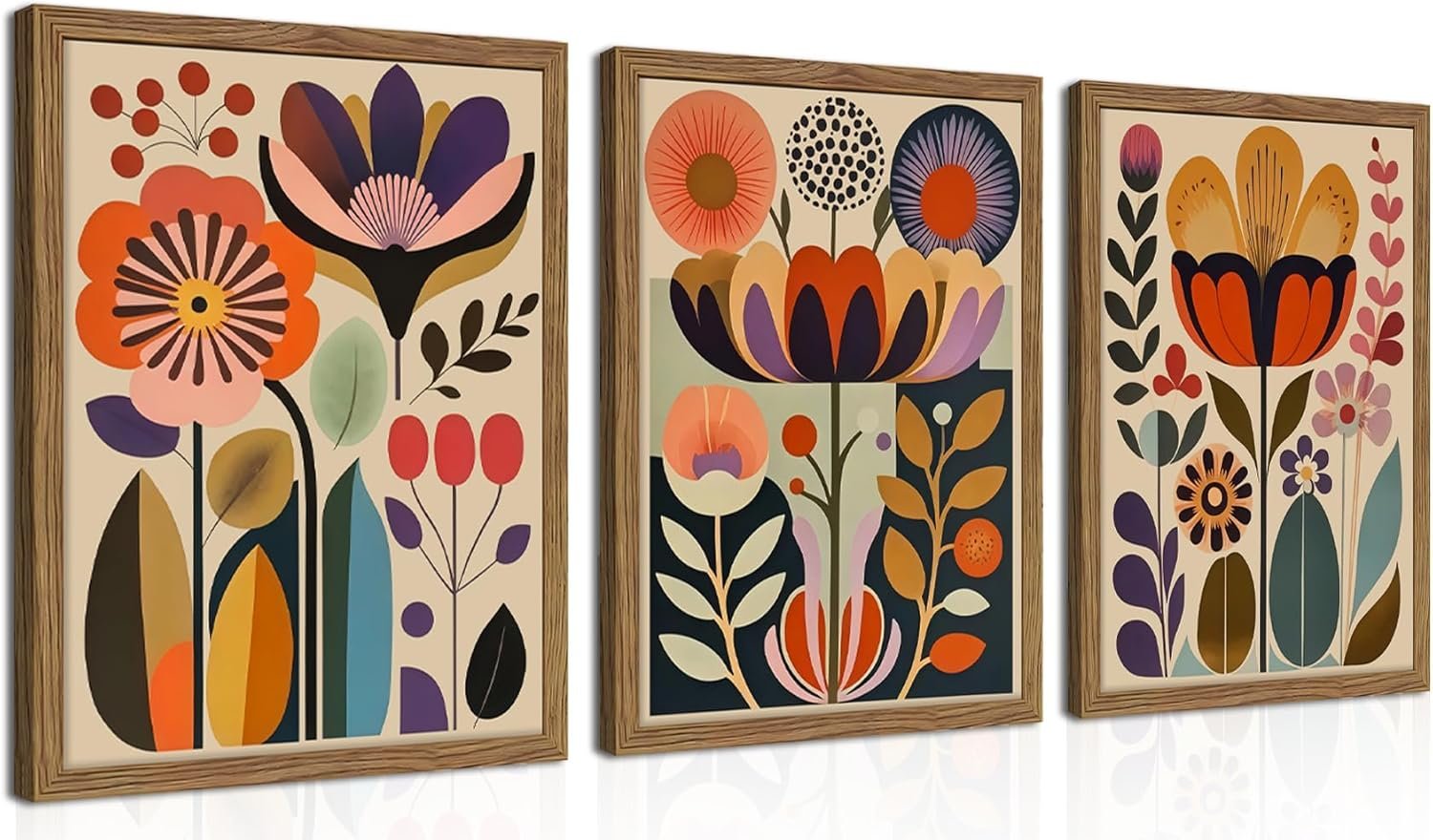 Framed Colorful Floral Wall Art Set of 3, Abstract Scandinavian Flower Canvas Wall Decor Paintings, Mid Century Modern Botanical Artwork Pictures Prints for Living Room Bedroom Dining Room 12×16 Inch