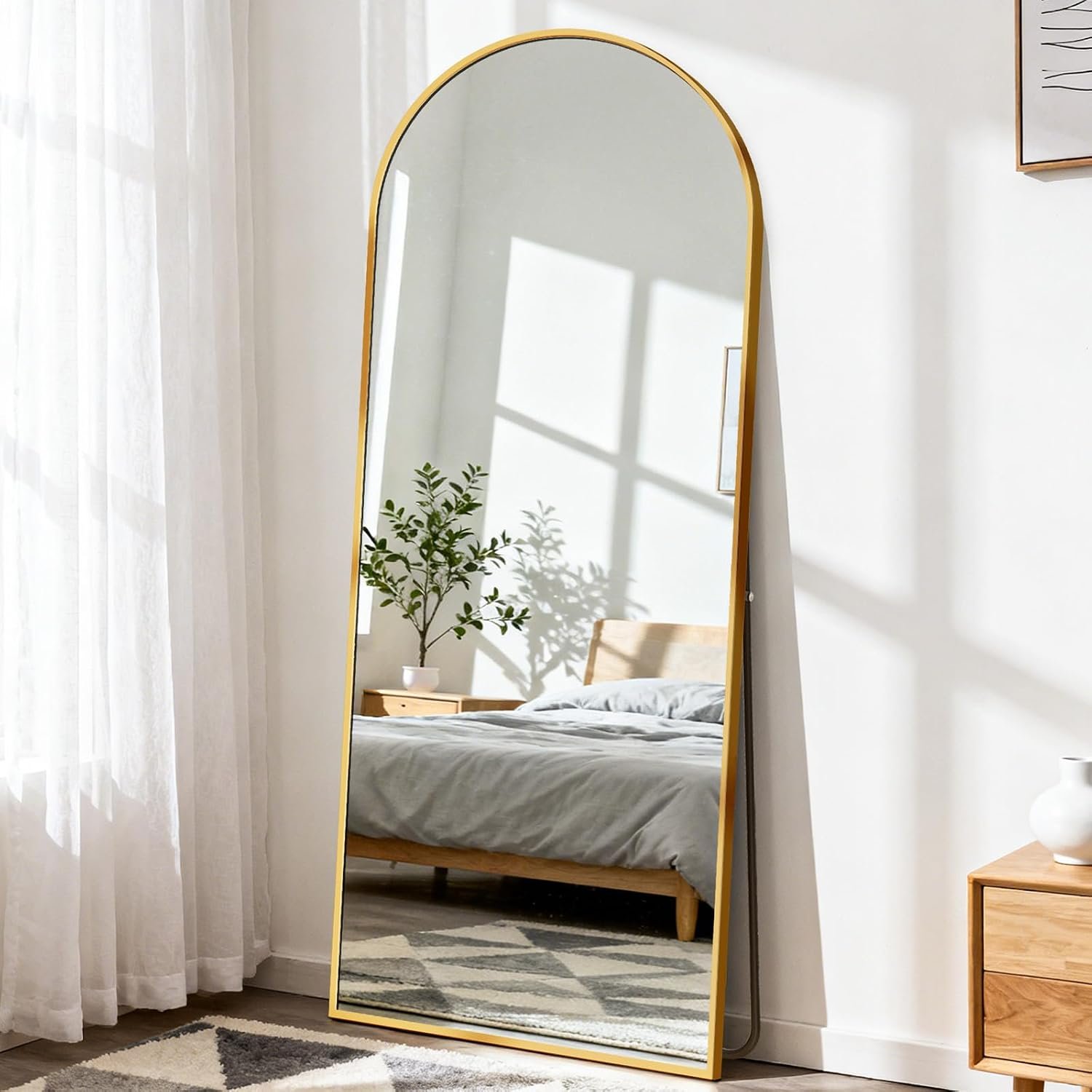DUMOS 64″x21″ Arched Full Length Mirror with Stand, Full Body Floor Mirror | Free Standing or Wall Mount, Nano Glass Aluminum Frame, Hanging or Leaning, Modern Simple Home Decor, Gold