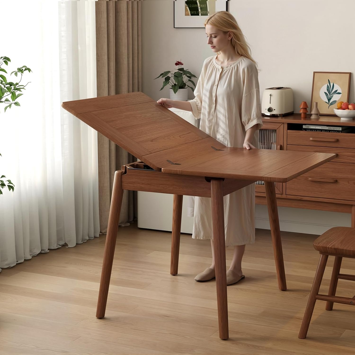 Solid Wood Small Dining Table for 2-6, 23.6″L-47.2″L Expandable Kitchen Table, Designed for Small Spaces, Easy Assembly, Suitable for Kitchen, Dining Room, Living Room, Apartment (Walnut)