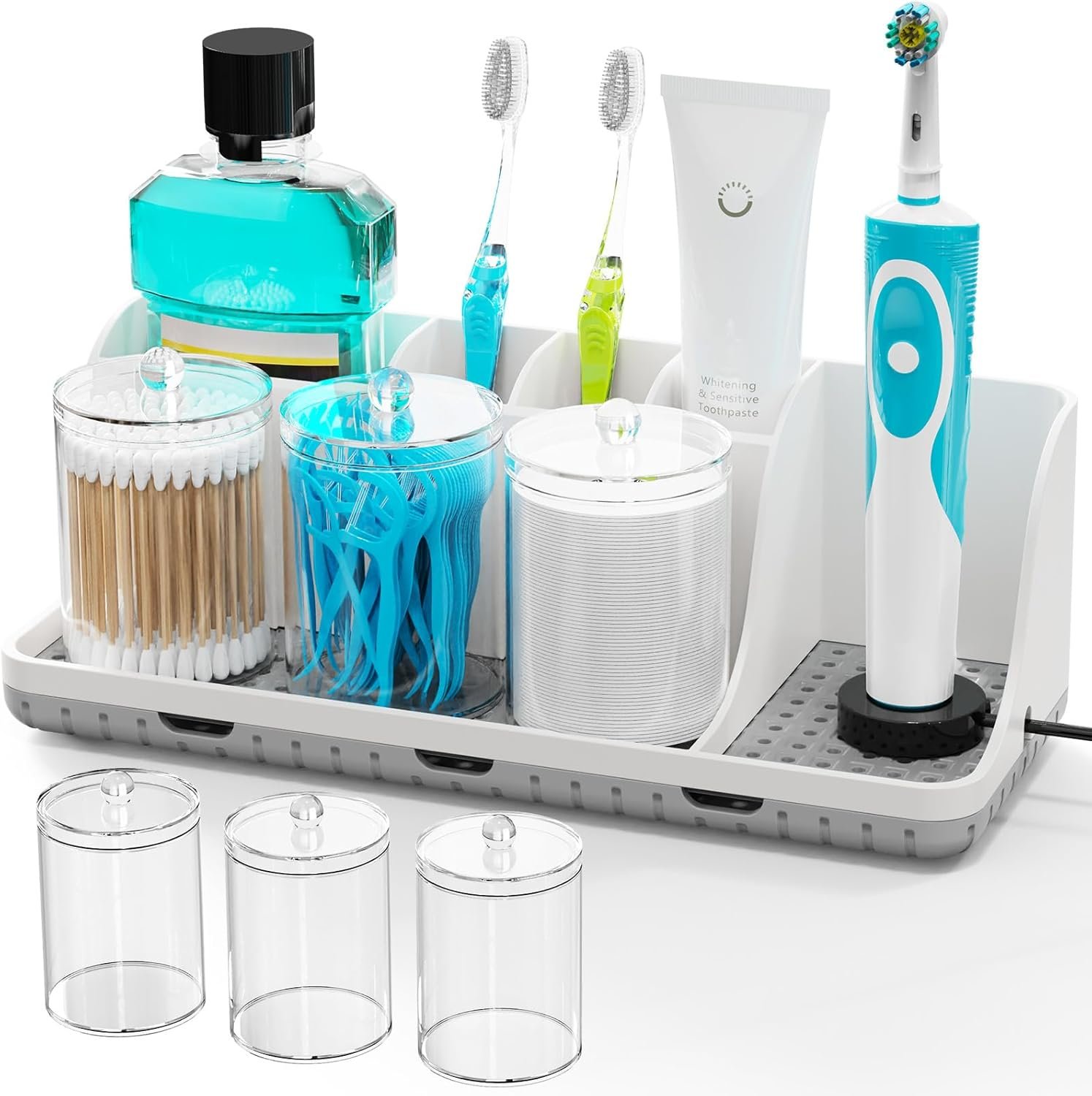 Bathroom Counter Organizers and Storage with 3 PCS Qtip Holder (White) | Easy To Clean, Drainage, Non-Slip, Detachable, 6 Slots Toothbrush Holders for Bathrooms