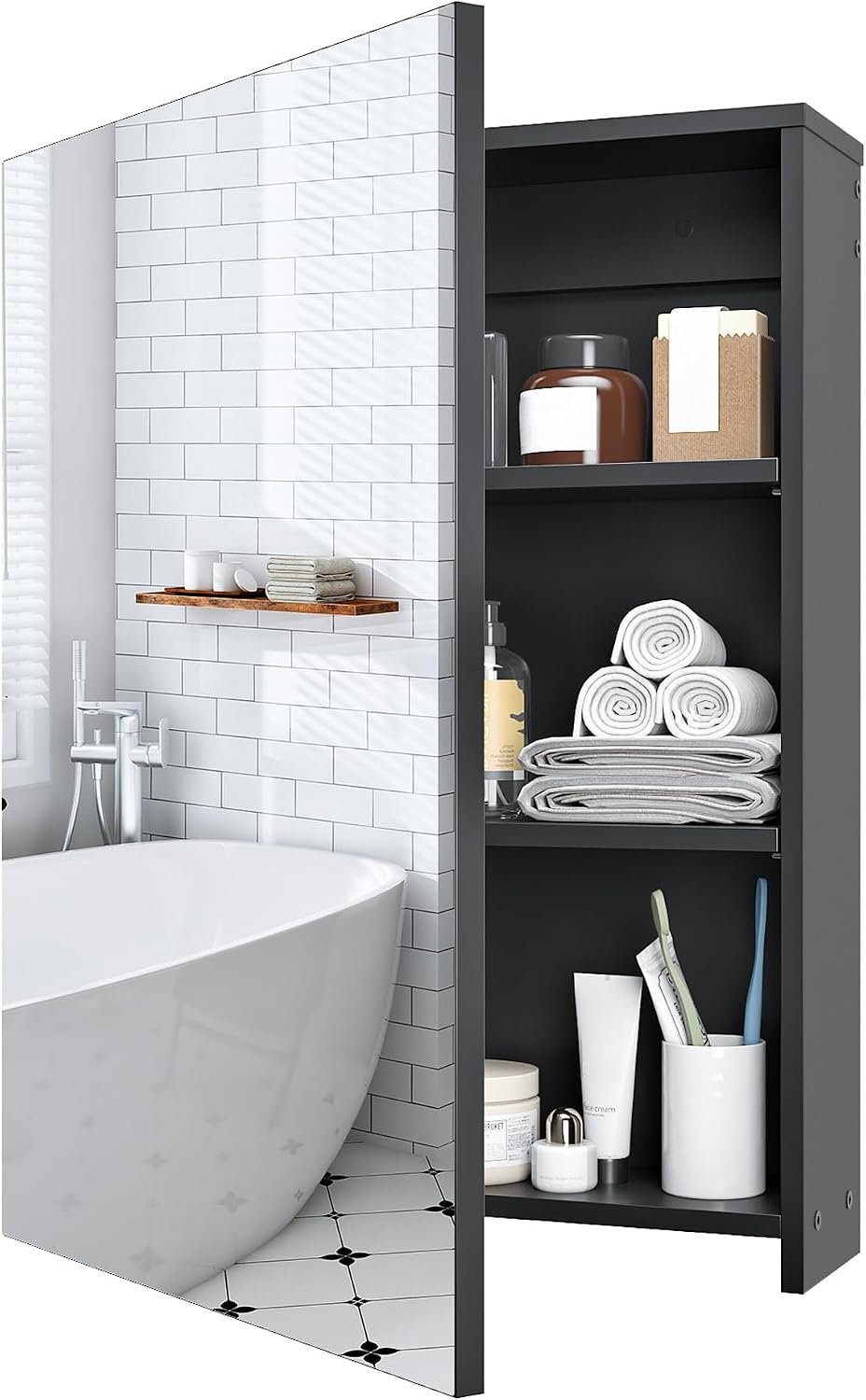 Bathroom Medicine Mirror Cabinet, 17.7” x 23.6”, Wall-Mounted Bathroom Vanity with Mirror, Bathroom Medicine Cabinet with Storage Function, Hanging Storage Cabinet, Adjustable Shelves, Black