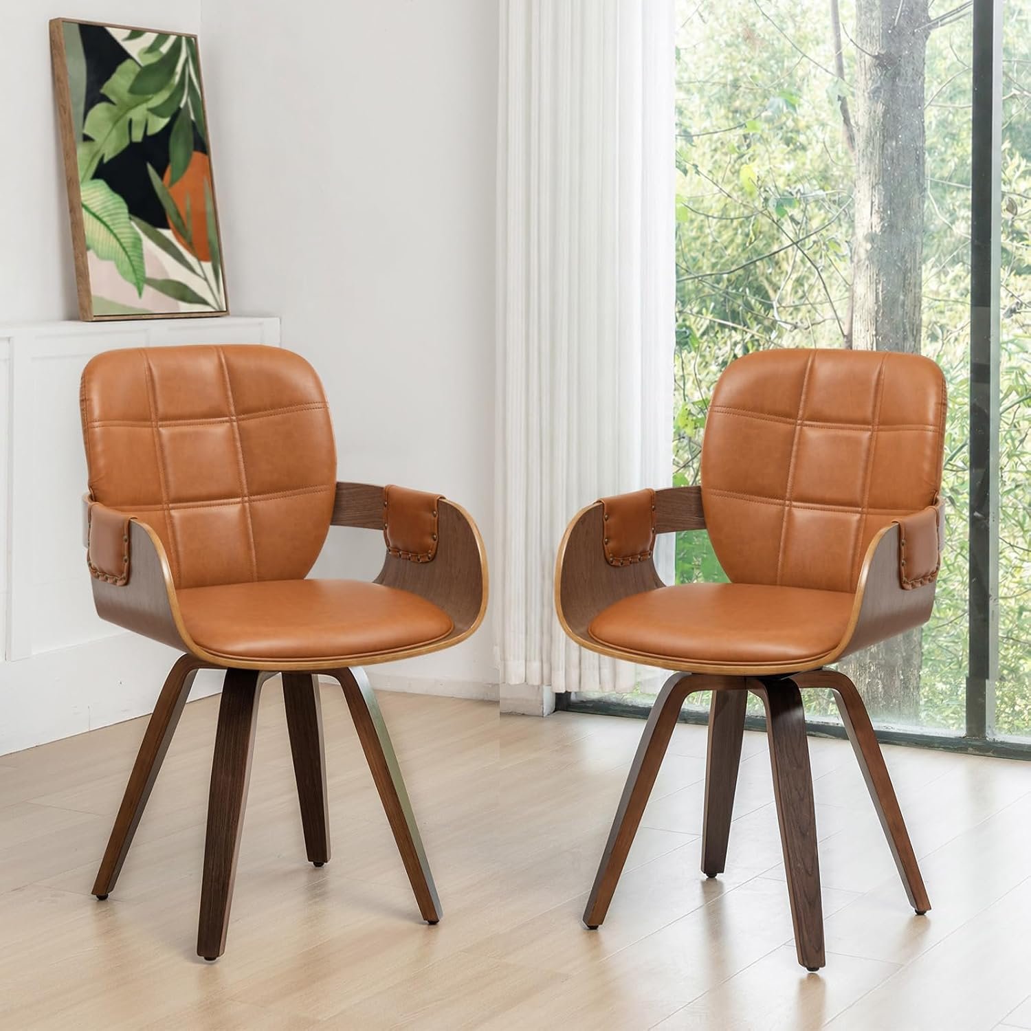 Mid Century Modern Swivel Dining Chair with Arms, Walnut Desk Chair | Walnut Bentwood Frame,Low Maintenance, Faux Leather Reception Room Chairs, Ideal for Kitchen, Living Room, Reception, Desk