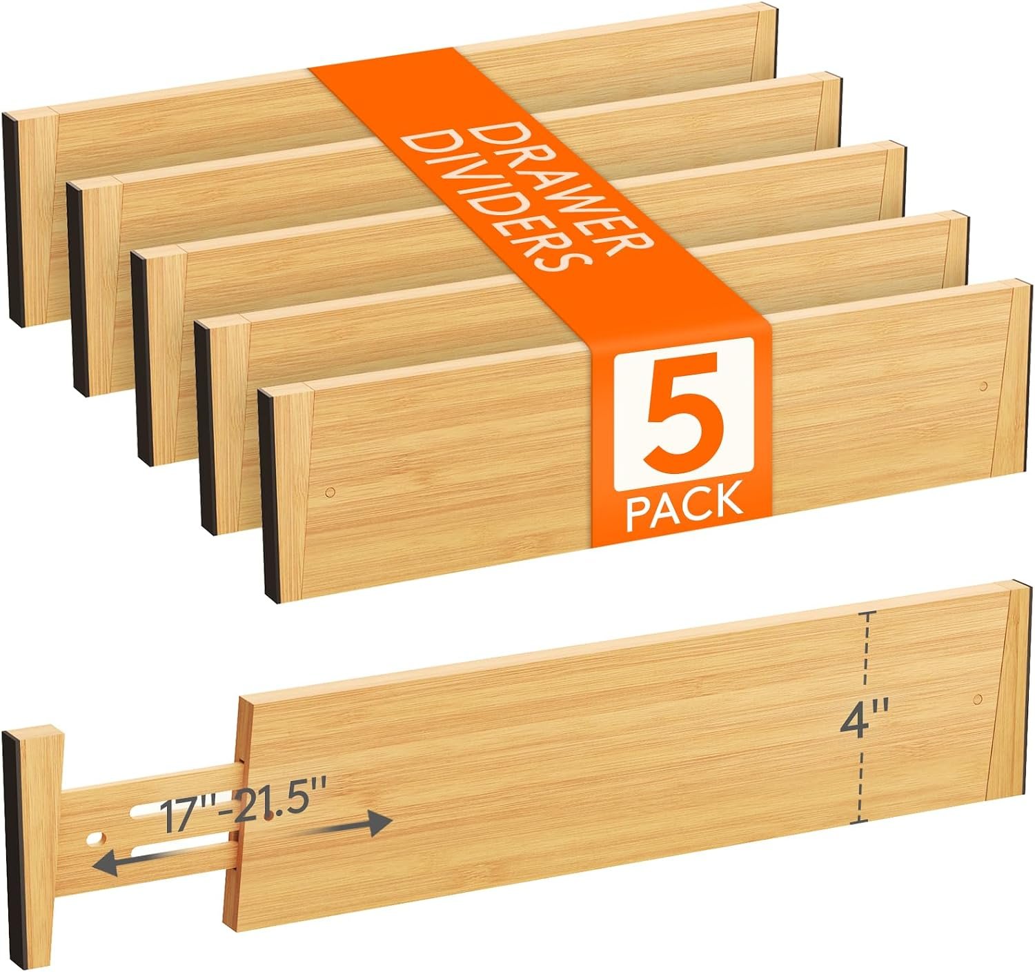 Lifewit 4″ High 5 Pack Bamboo Drawer Dividers 43-54cm/17-21.5″ Adjustable Wooden Drawer Organizer for Clothes/Utensils, Expandable Drawer Separator for Dresser/Kitchen/Bedroom/Office Organization