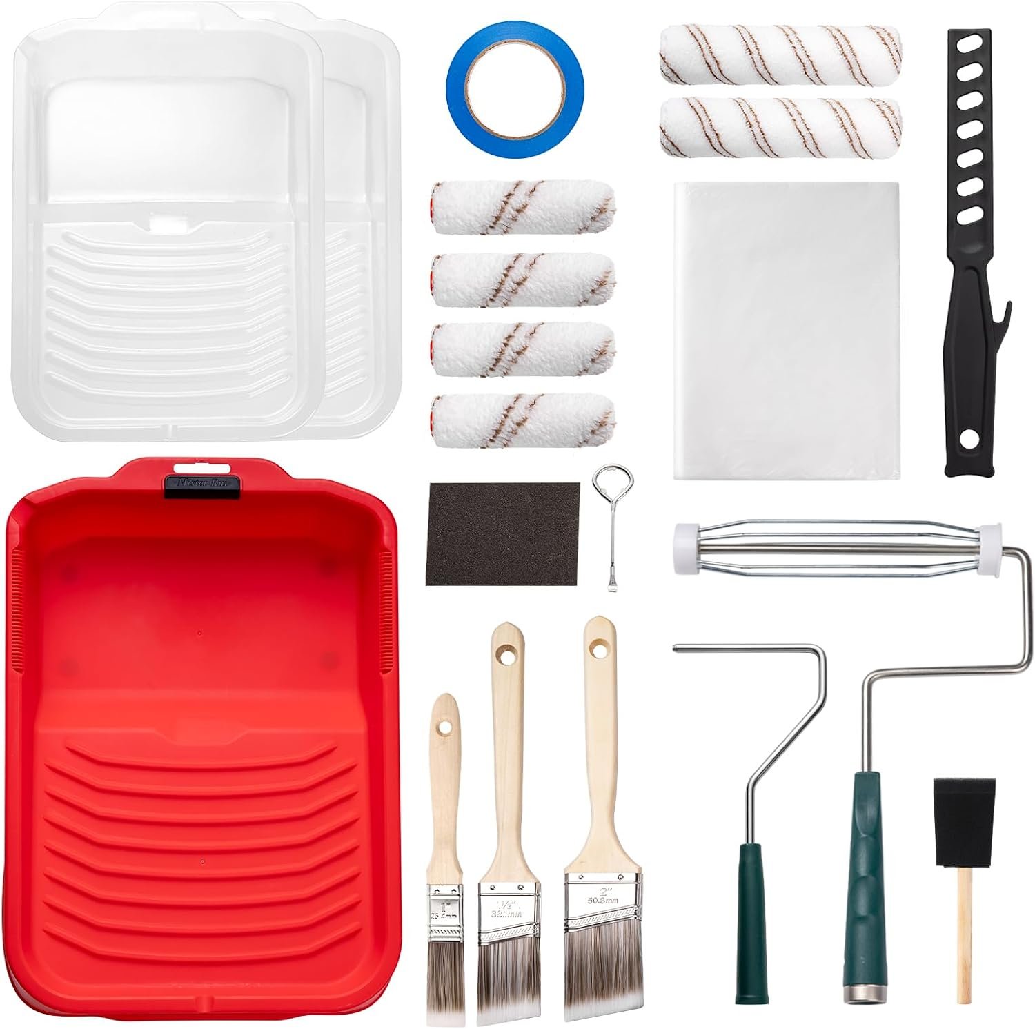Mister Rui 20-Pack Paint Roller Kit, 4 & 9 Inch Microfiber Sleeves & Frame | Roller Set with Paint Tray, Liners, Brushes, Drop Cloth and Tape for Walls, Ceilings, Trim and Home Painting